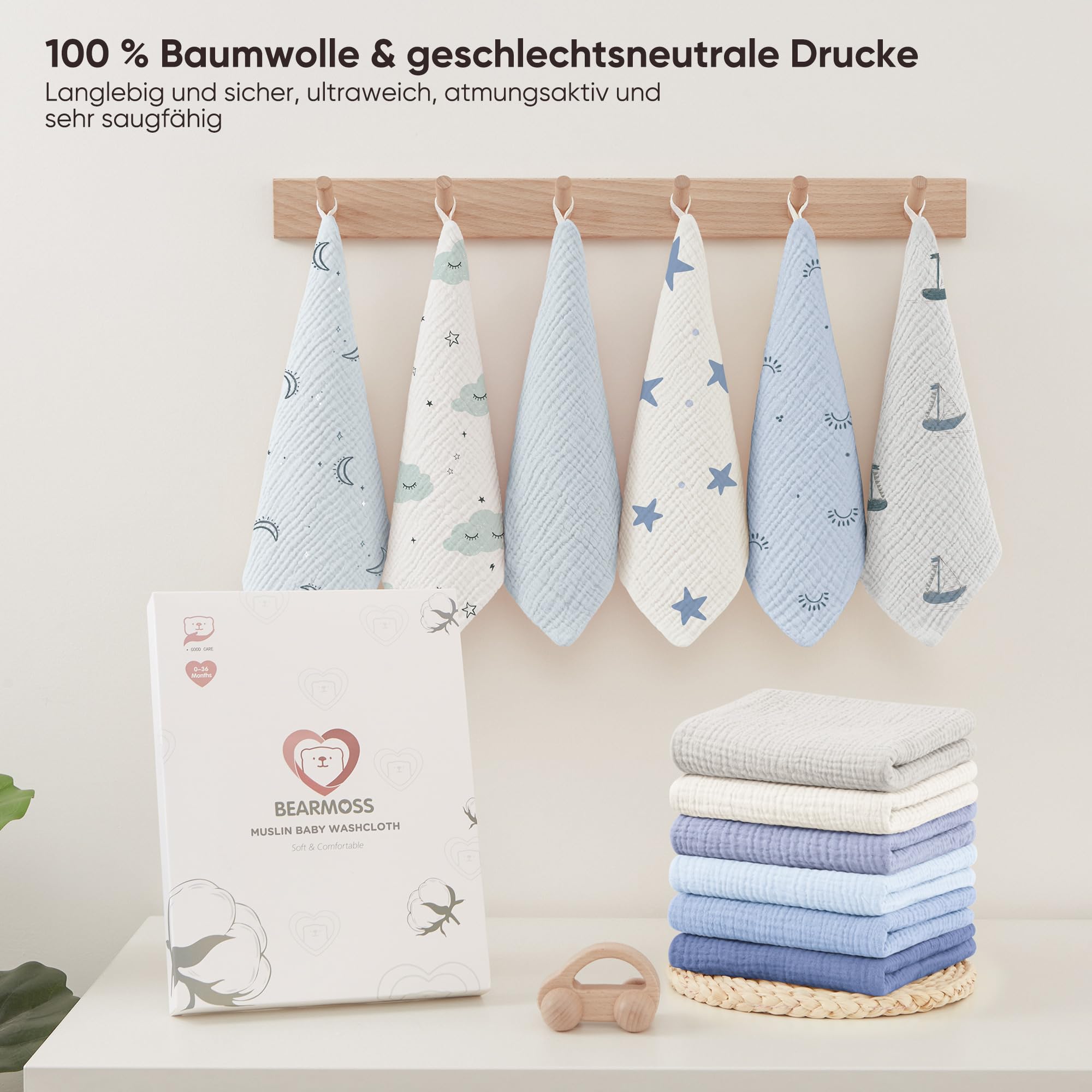 bearmoss Lot de 12 Gants de Toilette en Mousseline 100% Coton Doux, Respirants et extrêmement absorbants pour bébé - 25 x 25 cm (Bleu-Vert)