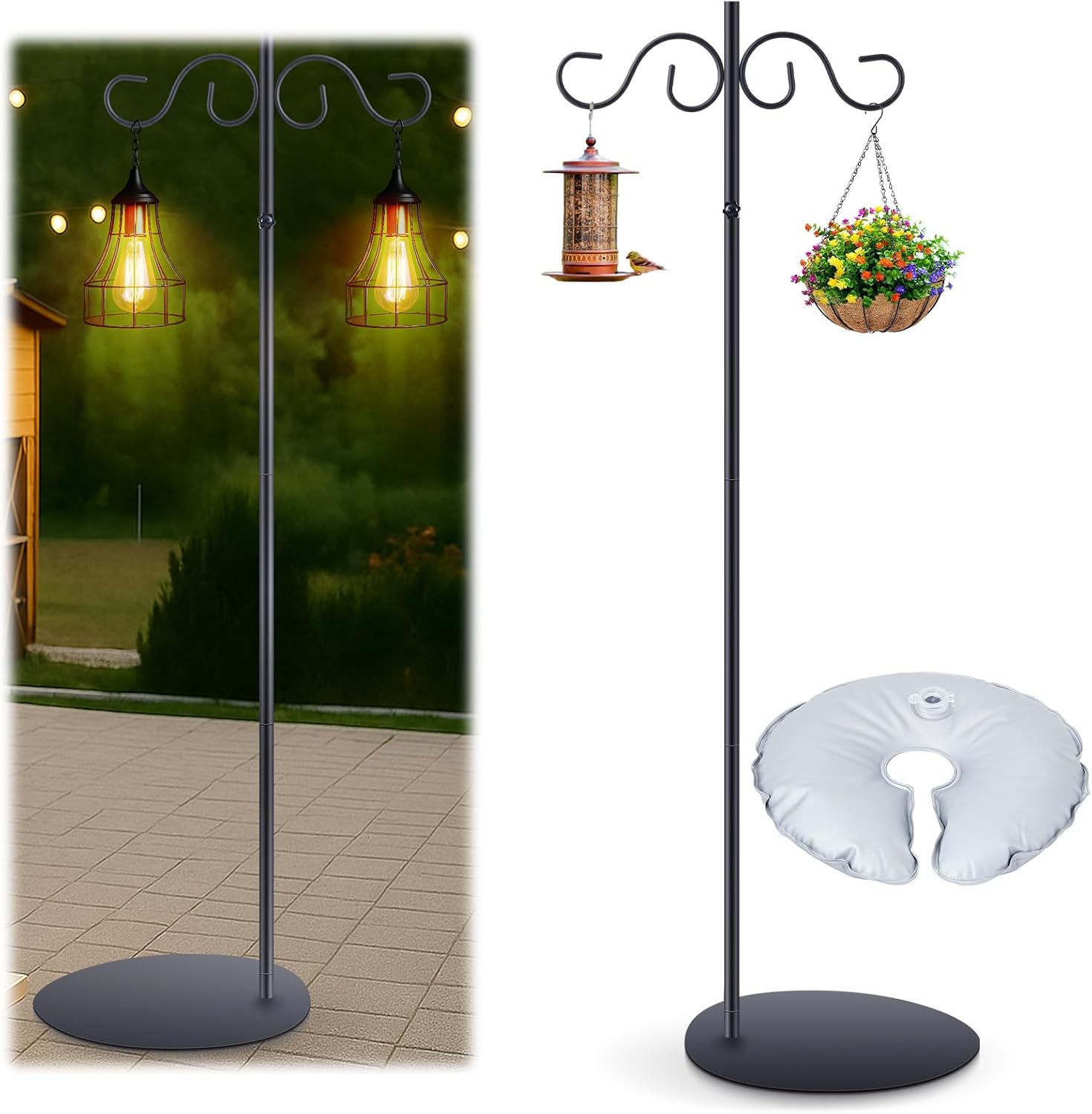 Zonon 1 Pack 28-74 Inch Adjustable Shepherds Hook Stand for Hummingbird Feeder, Potted Plants, Wind Chime, Lanterns, Wreath Pole with Base Plate & Water Bag for Indoor Outdoor Hanging Hook (Stylish)