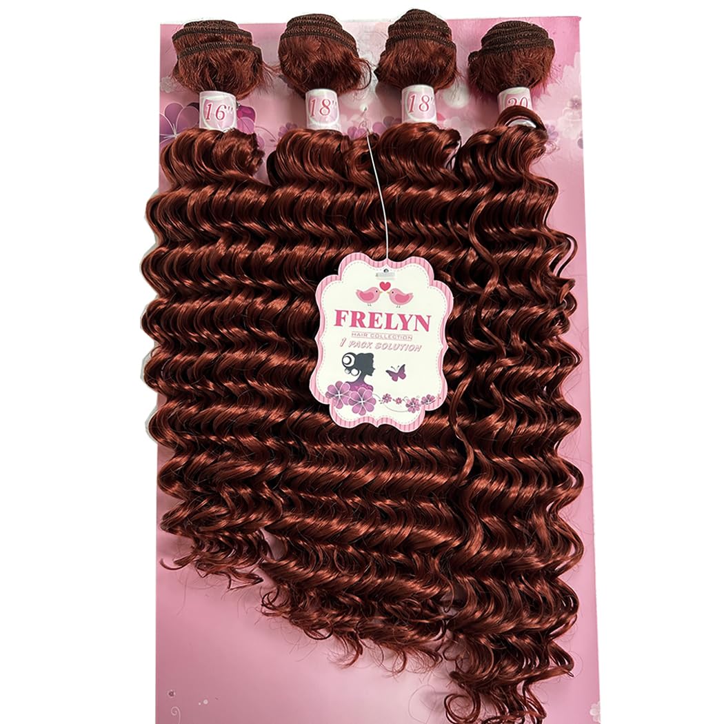 Deep Wave Synthetic Hair Bundles 16 18 18 20 Inches 4 Bundles in 1 Pack Curly Quick Weave Sew in Hair Extension Super Soft Reddish Brown Heat