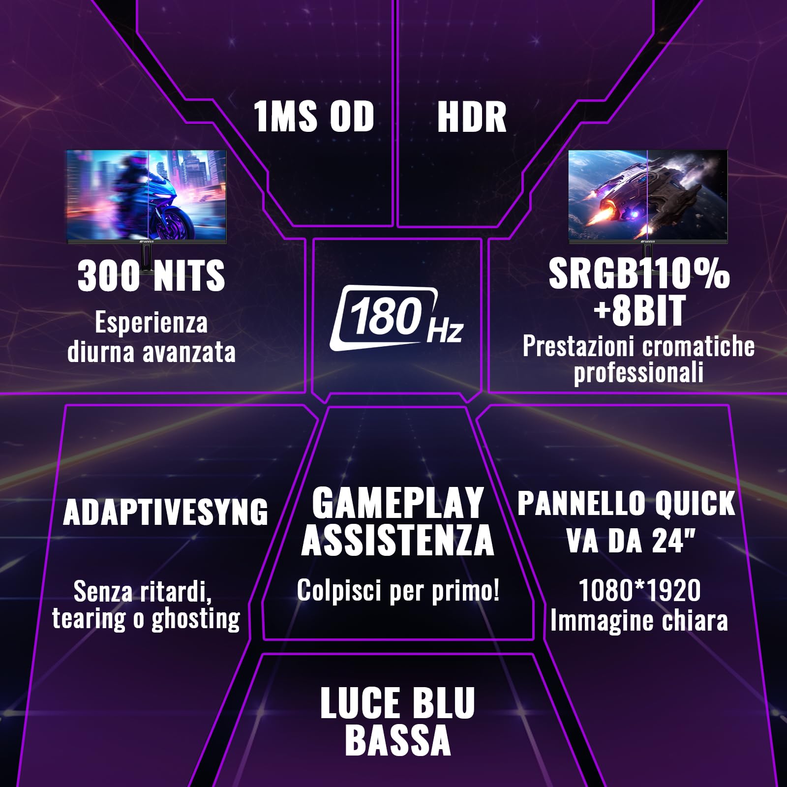 Minifire Monitor Gaming 24" FHD 180Hz, IPS, 1ms,Adaptive Sync,110% sRGB, Mmonitor per computer da gioco, Schermo PC Anti-Flicker & Less Blue Light, 2xHDMI 2.0/1xDP 1.4 Port(MFG24F4 cavo HDMI inclusi)