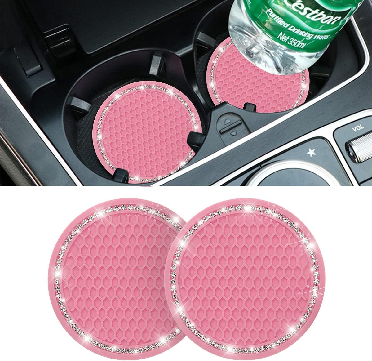 Car Bling Cup Holder Coaster, 2 Pack 2.75 Inch Crystal Rhinestone Car Cup Holder Insert Coaster,Universal for Cars, Vehicles, SUVs, Car Interior Accessories (Pink)