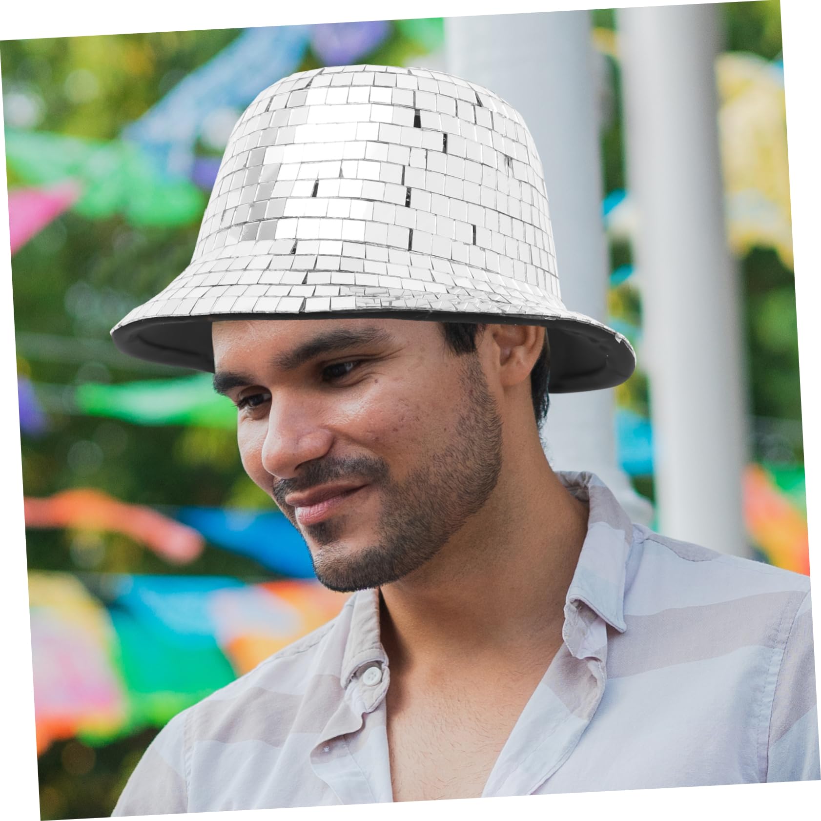 LABRIMP Sombrero de Espejo Disco para Mujer y Hombre Estilo Pescador Lentejuelas Plata, Cómodo y Chic para Decoración Verano en Fiestas y Eventos