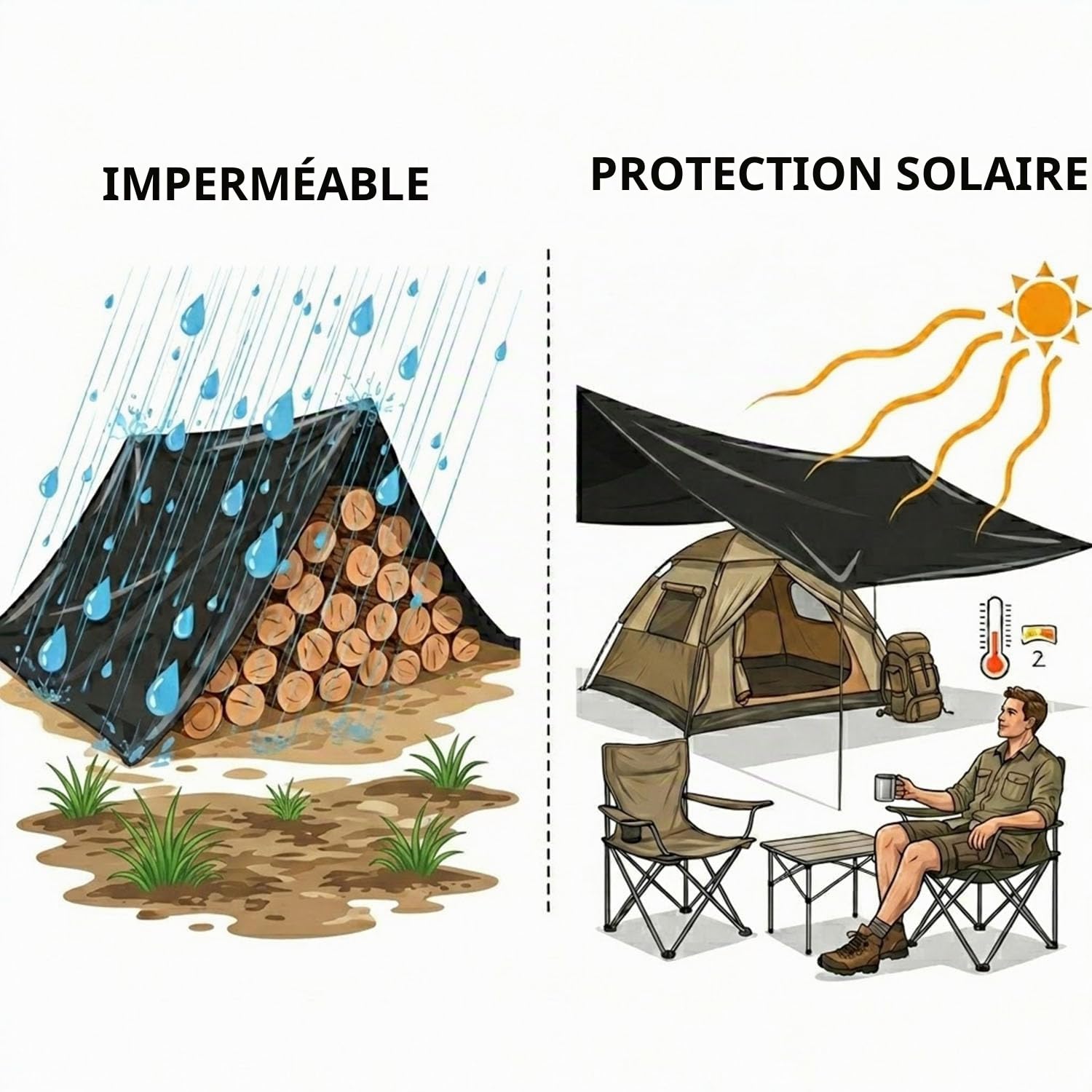 3X5 M Bâche imperméable et résistante en polyéthylène 130 g/m² – Noir uni – Anti-UV et antigel – avec œillets métalliques renforcés – Multi-usages pour Jardin, Camping, Meubles, tonnelle, abri