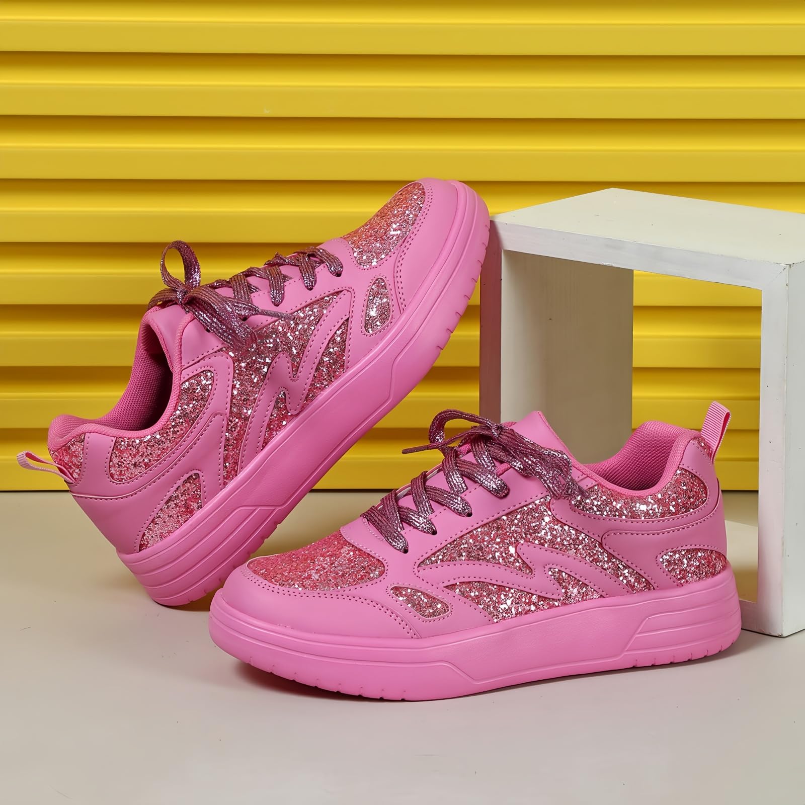 Modne damskie trampki z gwiazdami brokatowe cekiny sznurowane niskie buty tenisowe do biegania buty do chodzenia lekkie antypoślizgowe skórzane buty retro, Jednolity kolor różowy, 40 EU
