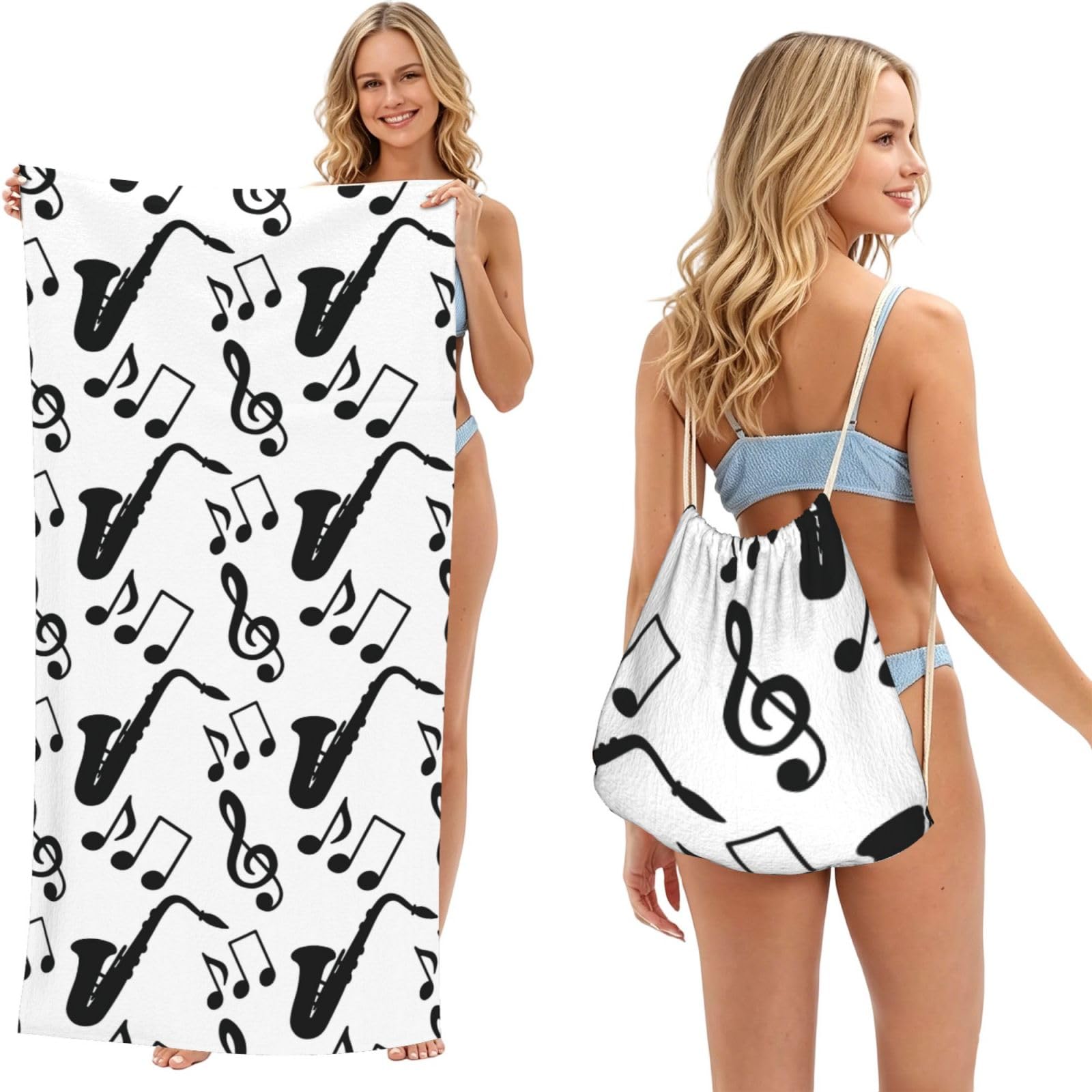 Poadnly As Picture Musical Music Saxophone, 2 In 1 Packable Towel Bag, Beach Towels With Drawstring Backpack For Travel Holiday Camping