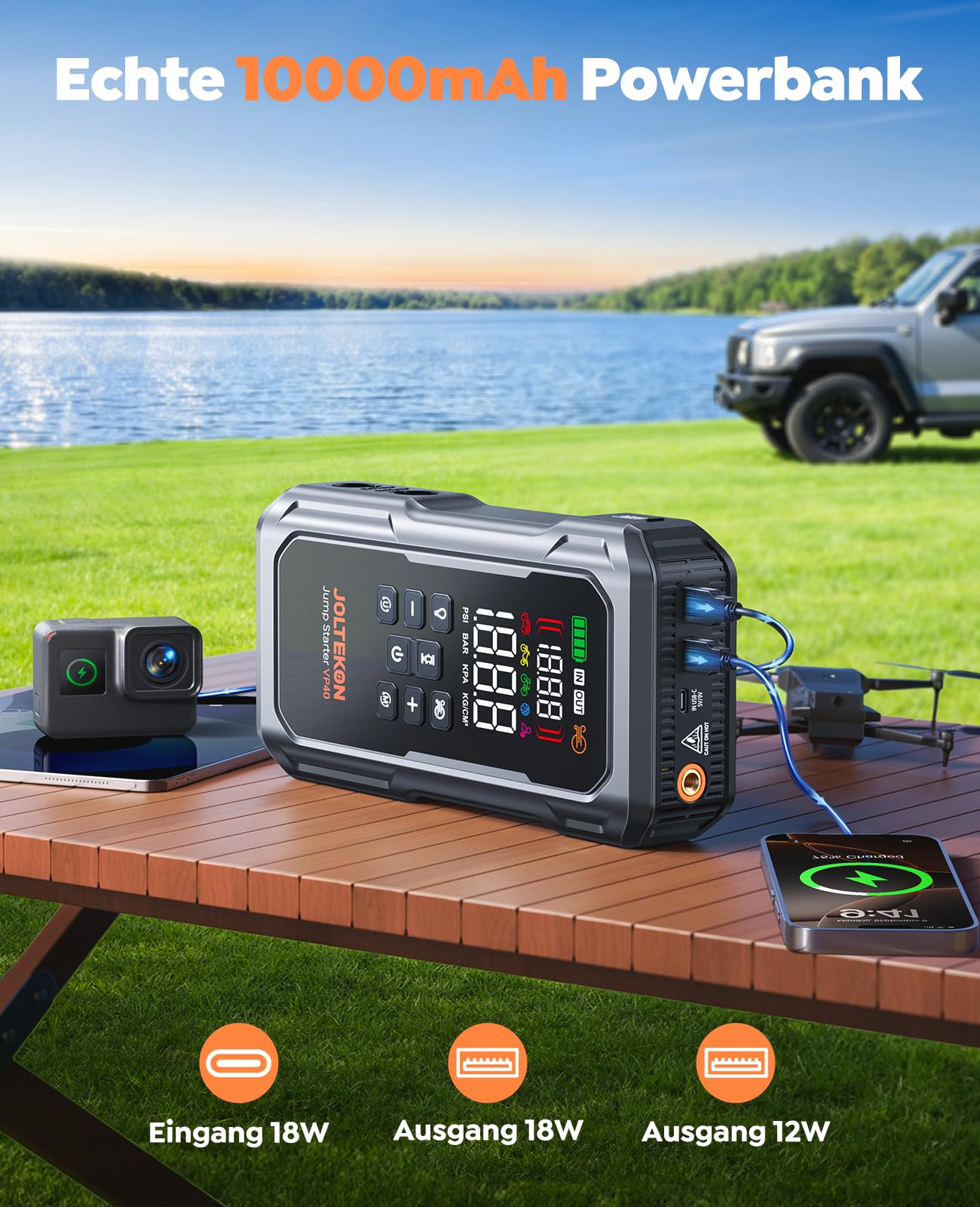 7000A Auto Starthilfe Powerbank für Pkw, Starthilfe für Alle Benzin und 12,0L Diesel, Starthilfe Powerbank mit Gebläse und 160PSI Kompressor, Starthilfe mit 800 Lumen LED Leuchte und 3,3'' LCD Display