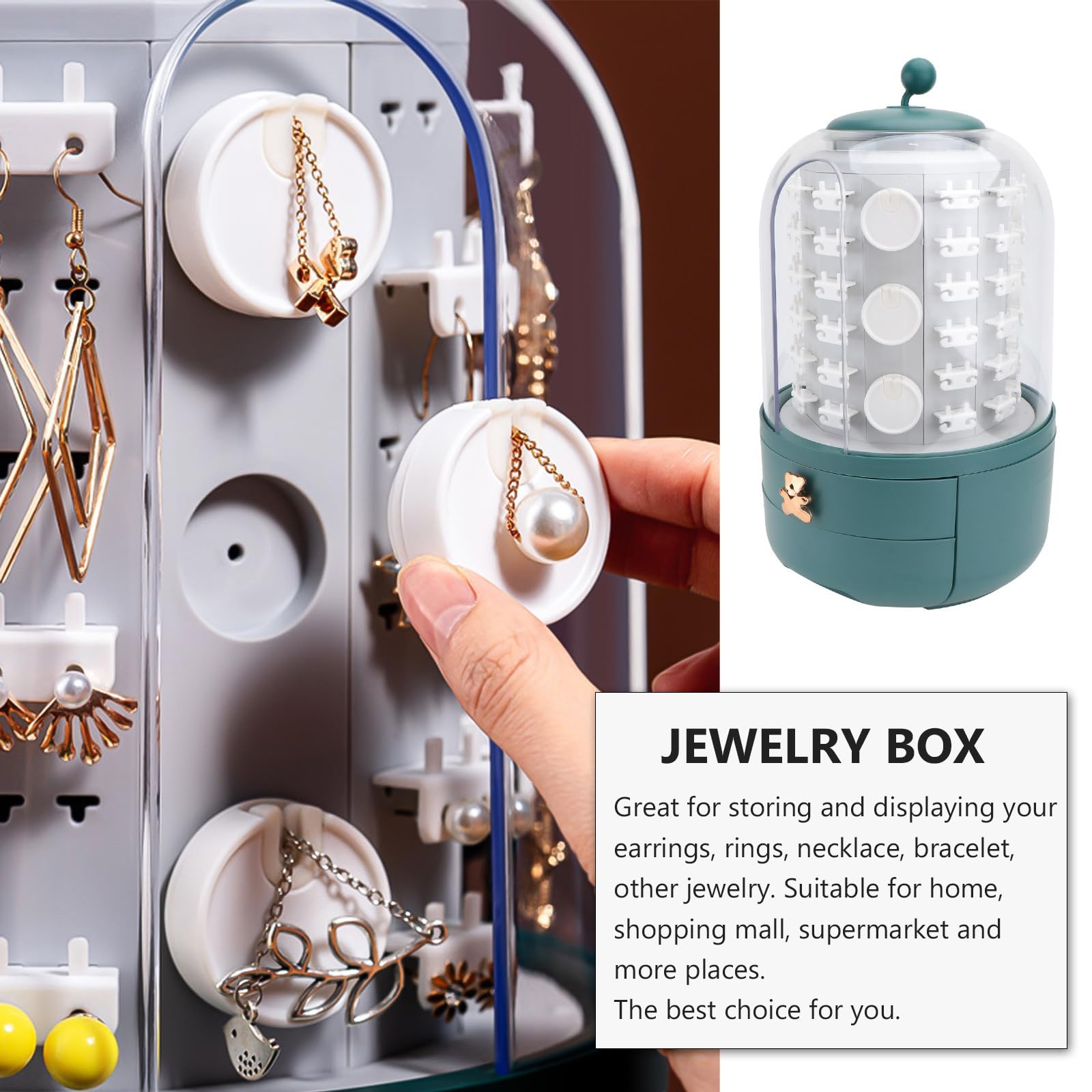 Boîte à Bijoux en Plastique Rotative Tiroirs, Couvercle Transparent