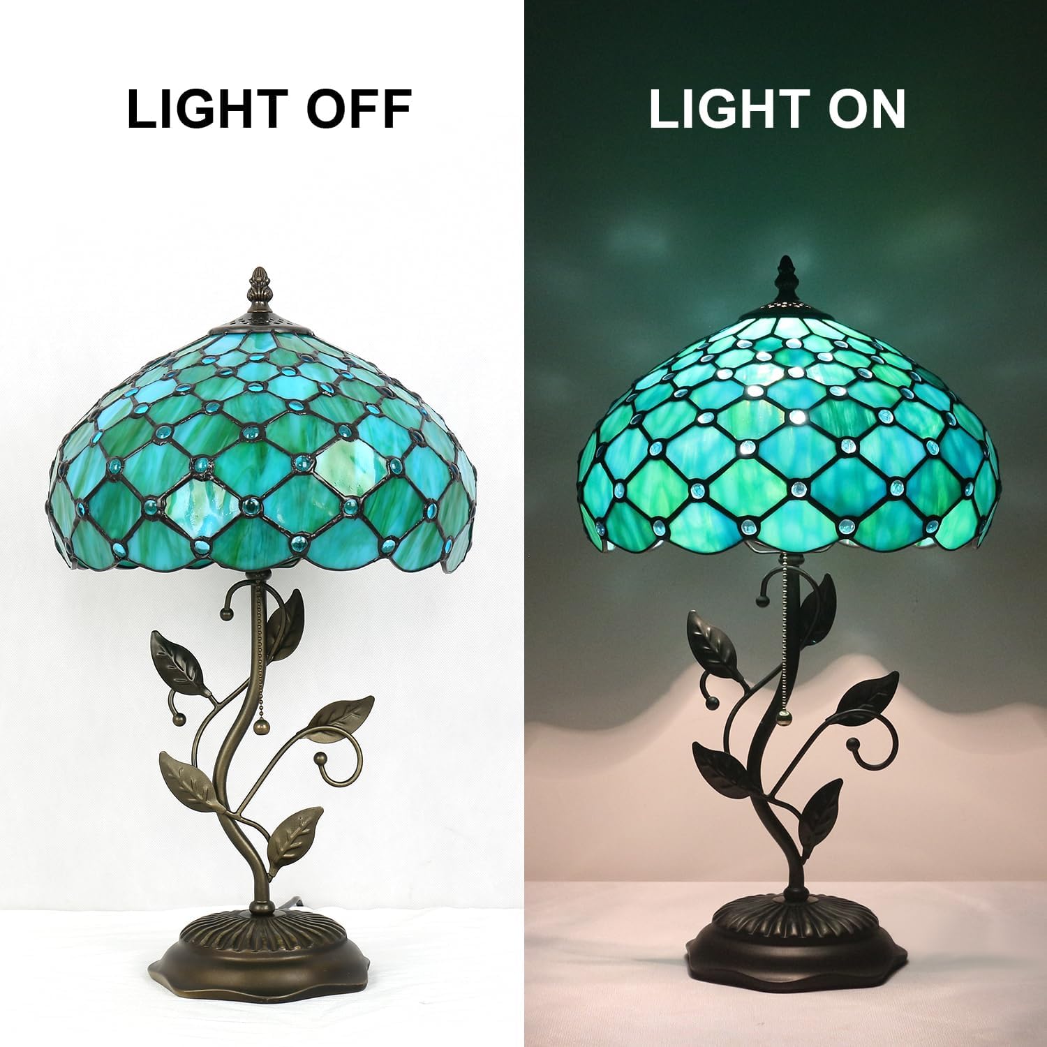 Tiffany Table Lamp, Stained Glass Lamp, 12x12x19 Inch, Metal Leaf Base Decor Lamp for Bedroom、Living Room、Home、Office(Sea Blue Pearl Style)