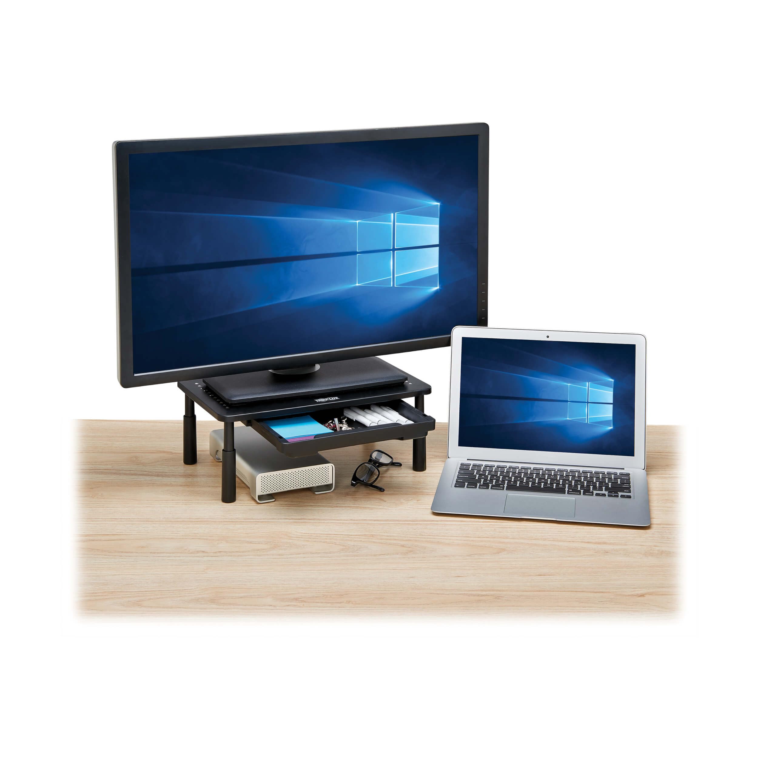 Tripp Lite Supporto per monitor singolo per scrivania con cassetto portaoggetti, regolabile in altezza, struttura in metallo con prese d'aria e piedini in gomma, nero, piattaforma 38,1 x 22,9 cm,
