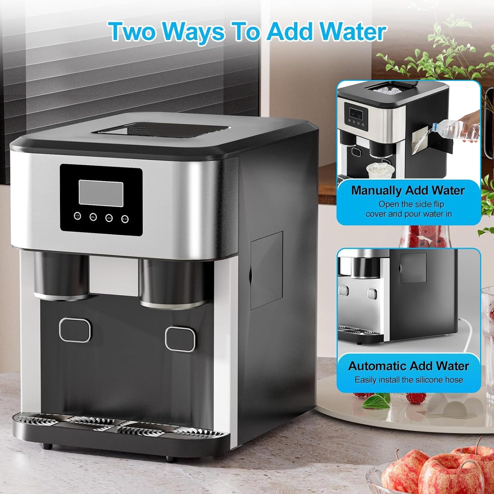 Macchina Ghiaccio Casa Con Tritaghiaccio E Acqua – 3 Funzioni, Ghiaccio Bullet, 13-16kg/24h, Ciclo 8-9 Min, Isolamento HD, Carico Auto/Manuale, Per Uso Domestico(Silver)