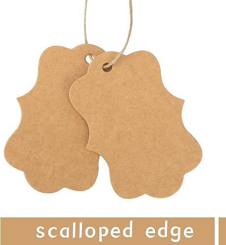 Miniatura 3 de SallyFashion 150 etiquetas de papel kraft marrón, etiquetas de regalo festoneadas de 1.9 x 2.75 pulgadas con cuerda