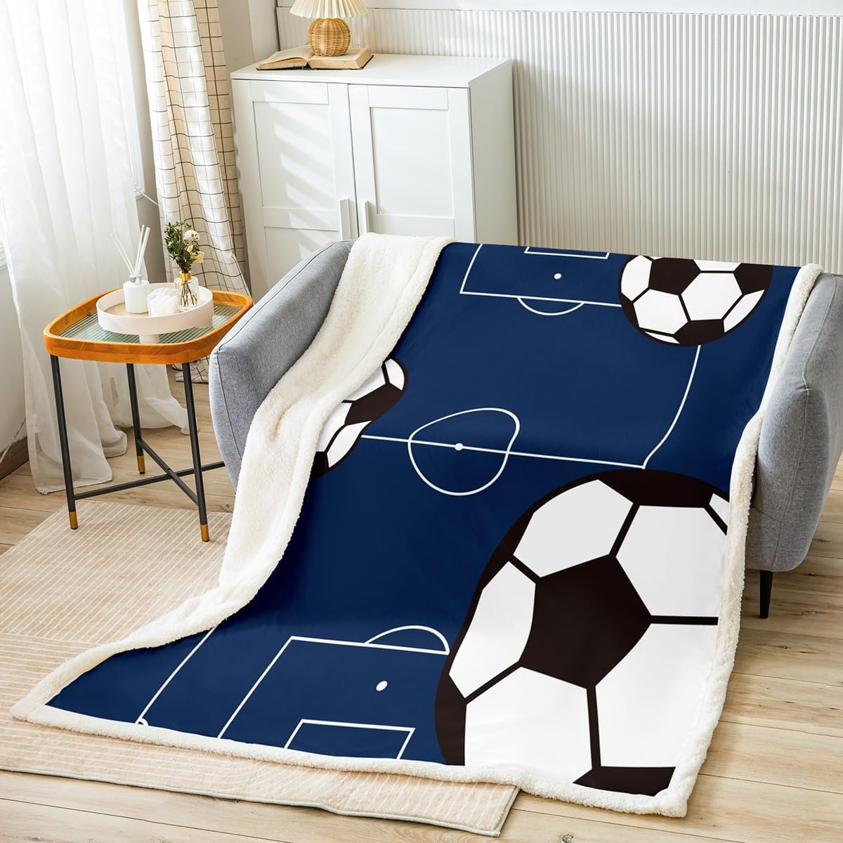 Football Fleece Throw Blanket Queen 90"x90" Kids Soccer Ball Pattern Plush Blanket for Bed Sofa Couch Sports Theme Sherpa Blanket Utra Soft Football Court Fuzzy Blanket Room Decor