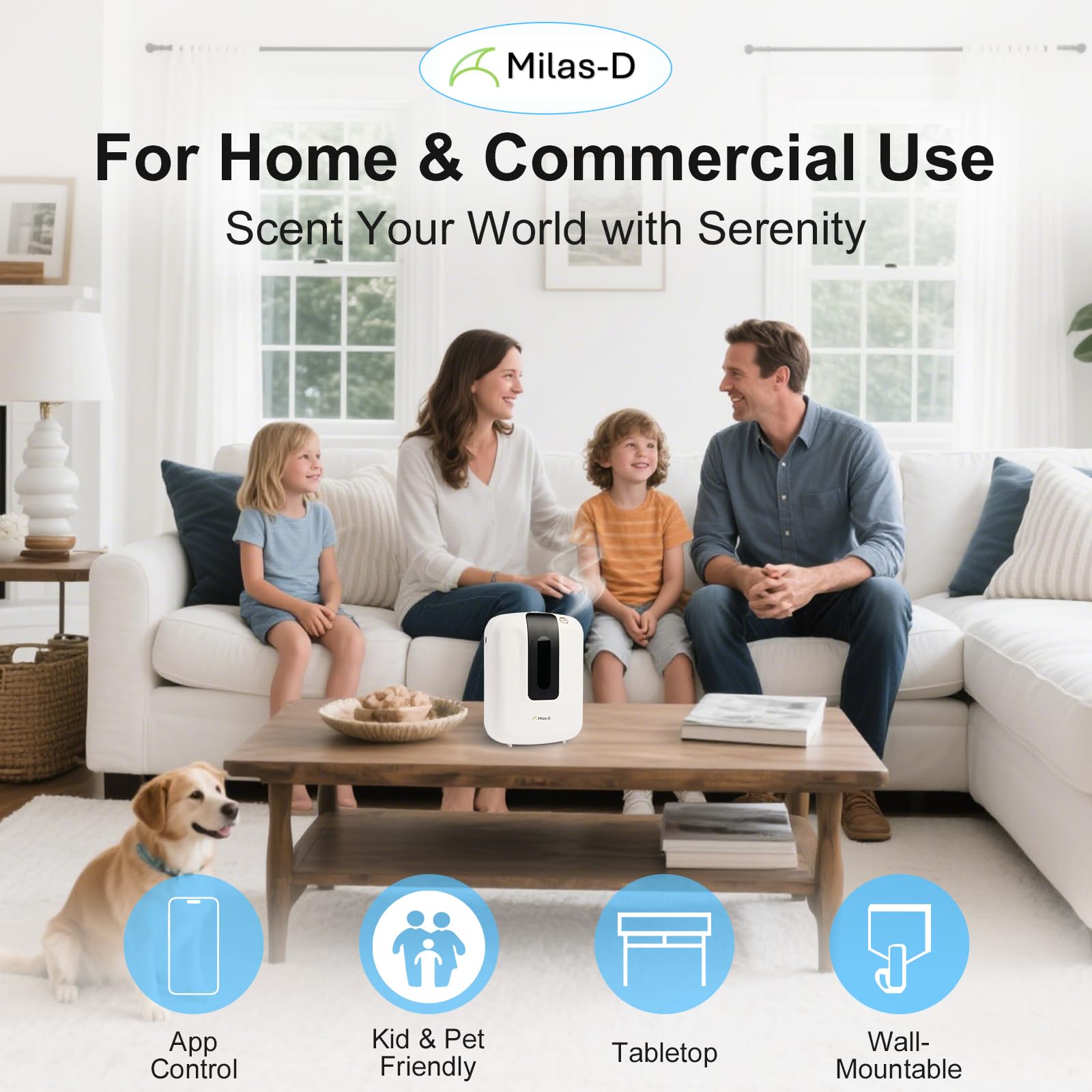Difusor de aceites esenciales sin agua para el hogar y el comercio, difusor de aromaterapia para habitaciones grandes de hasta 2000 pies cuadrados, máquina de aire inteligente Bluetooth con tecnología