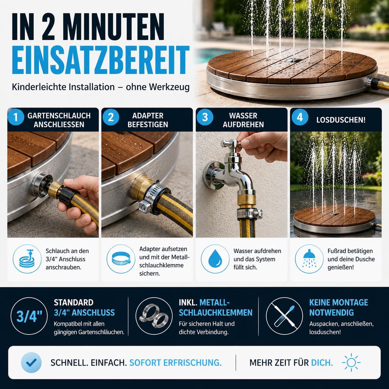 poolomio® Bodendusche Outdoor Ø 74 cm - Gartendusche WPC, 18 Fontänen, 4m | Außendusche/Outdoor Dusche für Garten, Pool & Terrasse, Anschluss an 3/4-Zoll-Gartenschlauch, Fuß-Stellrad, mobil, wetterfest