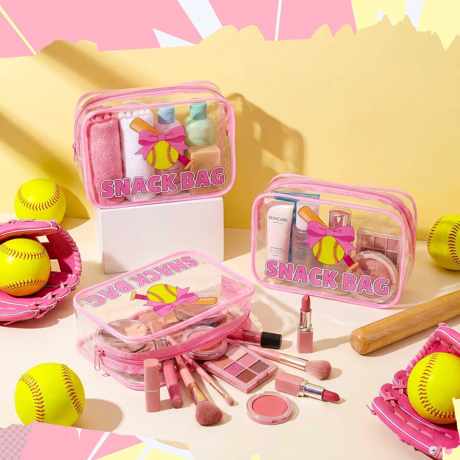 12 Pcs Softball Party Favors Pink Bow Softball Snack Bags Bulk Sport Gifts for Girls Team Soft Ball Goodie Bags Treat Clear Gift Bag for Girls Birthday Back to School, 7.87 x 5.9 x 2.36 Inch