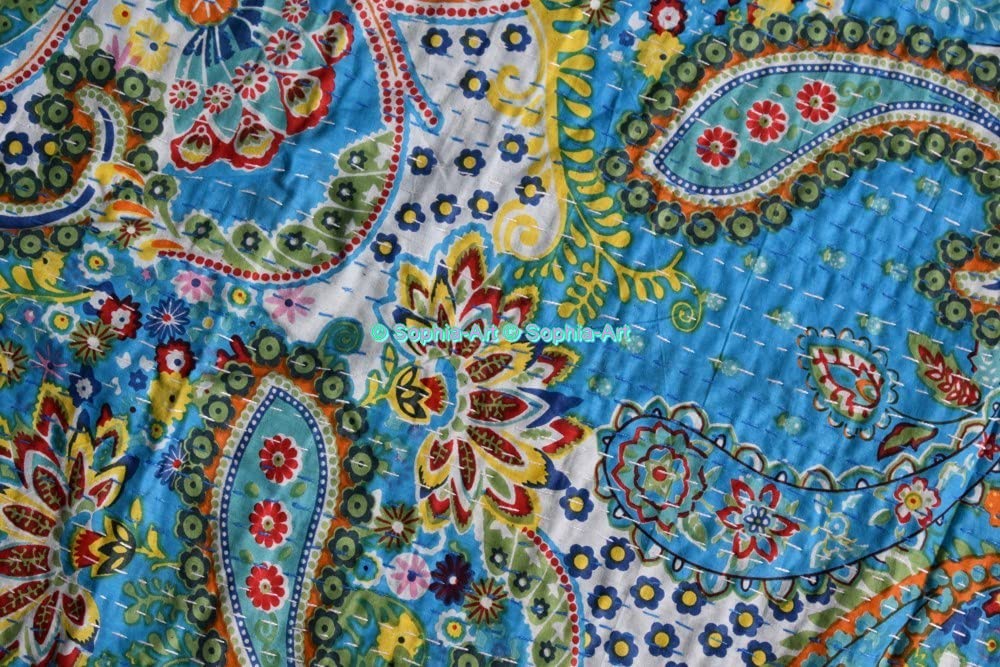 Sophia-Art Kantha Quilt King/Twin - ręcznie robiony indyjski koc z bawełny, wzór kaszmiru, na łóżko lub sofę (turkusowy, King 90 x 108 cali)