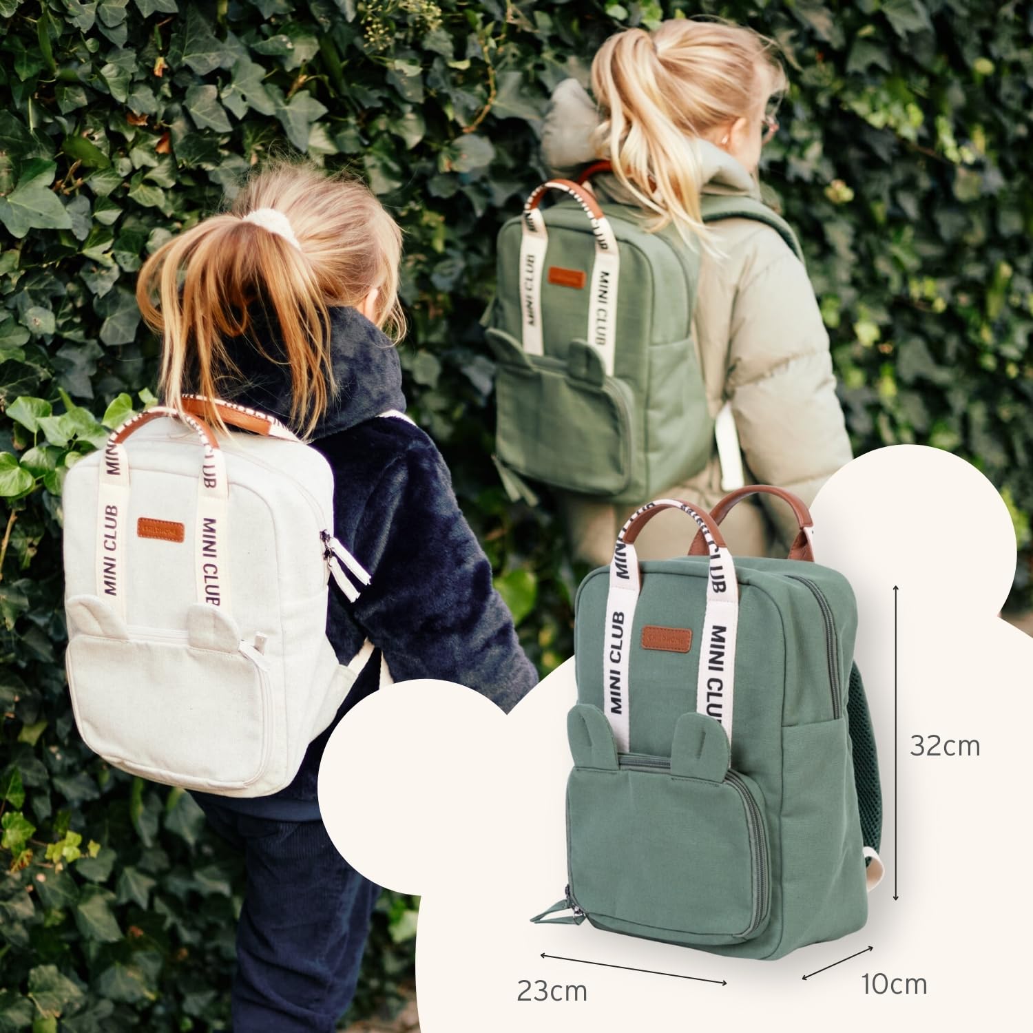 CHILDHOME, Sac a Dos, Bebe, Sac à dos Enfant, Cartable maternelle, Pochette isotherme, Compartiment boite à repas, Solide, Matière Coton, My First Bag, 7L, Mini Club, Signature, Vert