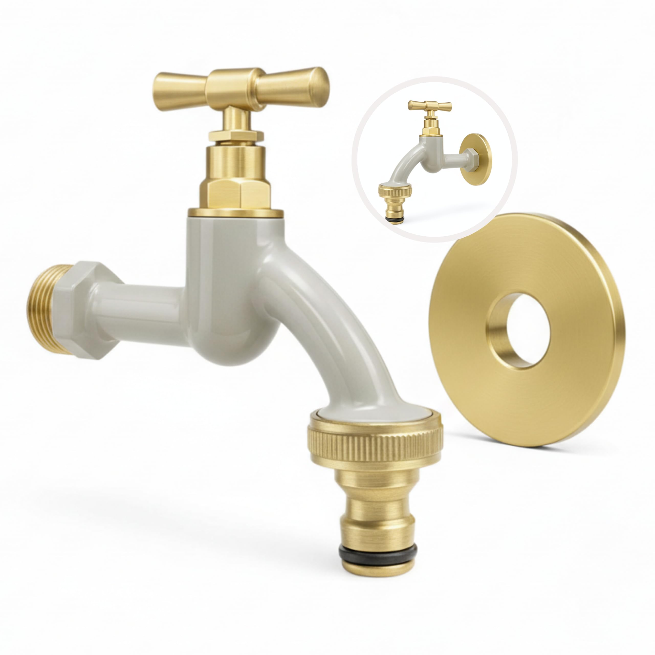 LIVLIG Premium Grifo de Jardín, Grifo exterior resistente a las heladas con guarnición de roseta y conexión de manguera, Grifo de agua fría de latón, Grifo de diseño dorado con recubrimiento en polvo