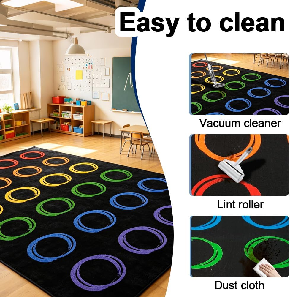 Classroom Rugs Elementary with Colorful Circle, Large Classroom Rug for Preschool Nursery Daycare, Educational Kids Carpet for Kindergarten, 13'x7'7'' Playmat Seats 24(Black)