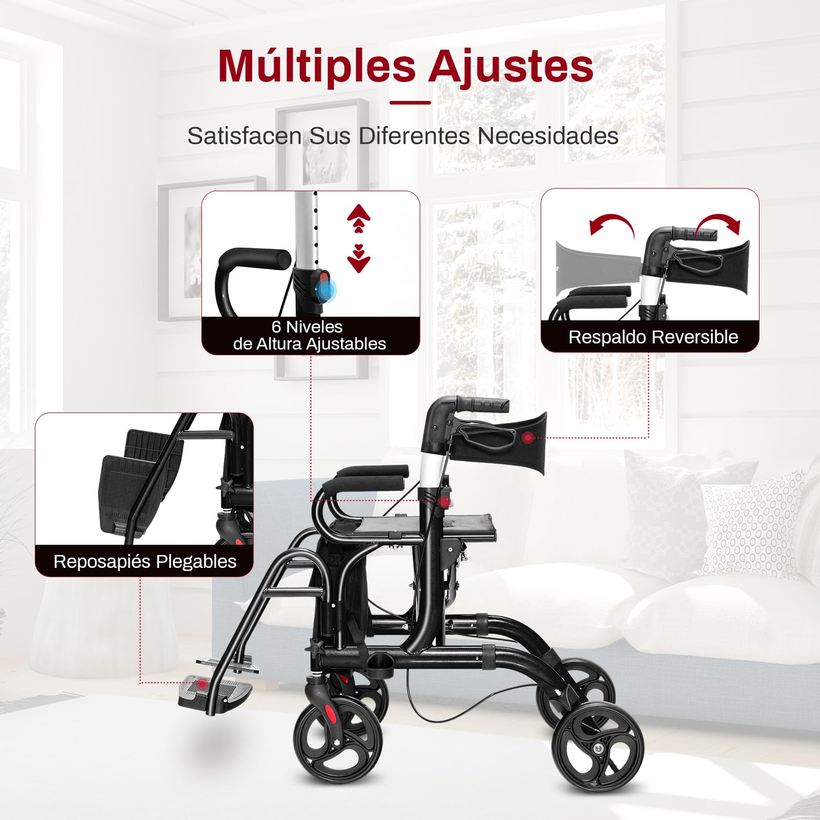 COSTWAY 2 en 1 Andador para Ancianos, Andador Plegable con Asiento, Respaldo Reversible, Mangos Ajustables, Ruedas PVC, Silla Transporte de Aluminio con Reposapiés y Bolsa Desmontable (negro)