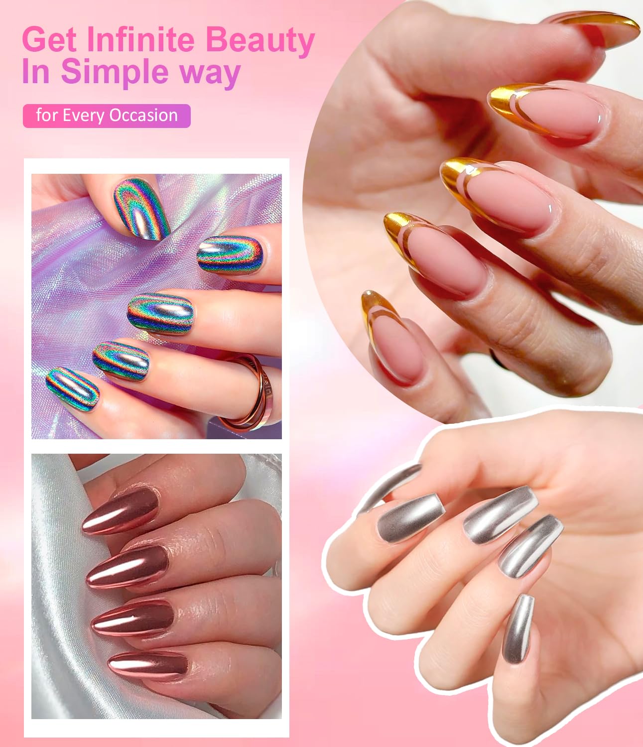 Rose Gold Chrome Nail Powder: LEDSUUEI Super Metal Mirror Effect White Chrome Nail Powder for Gel Nail Glitter High Gloss Chrome Powder - Image 2