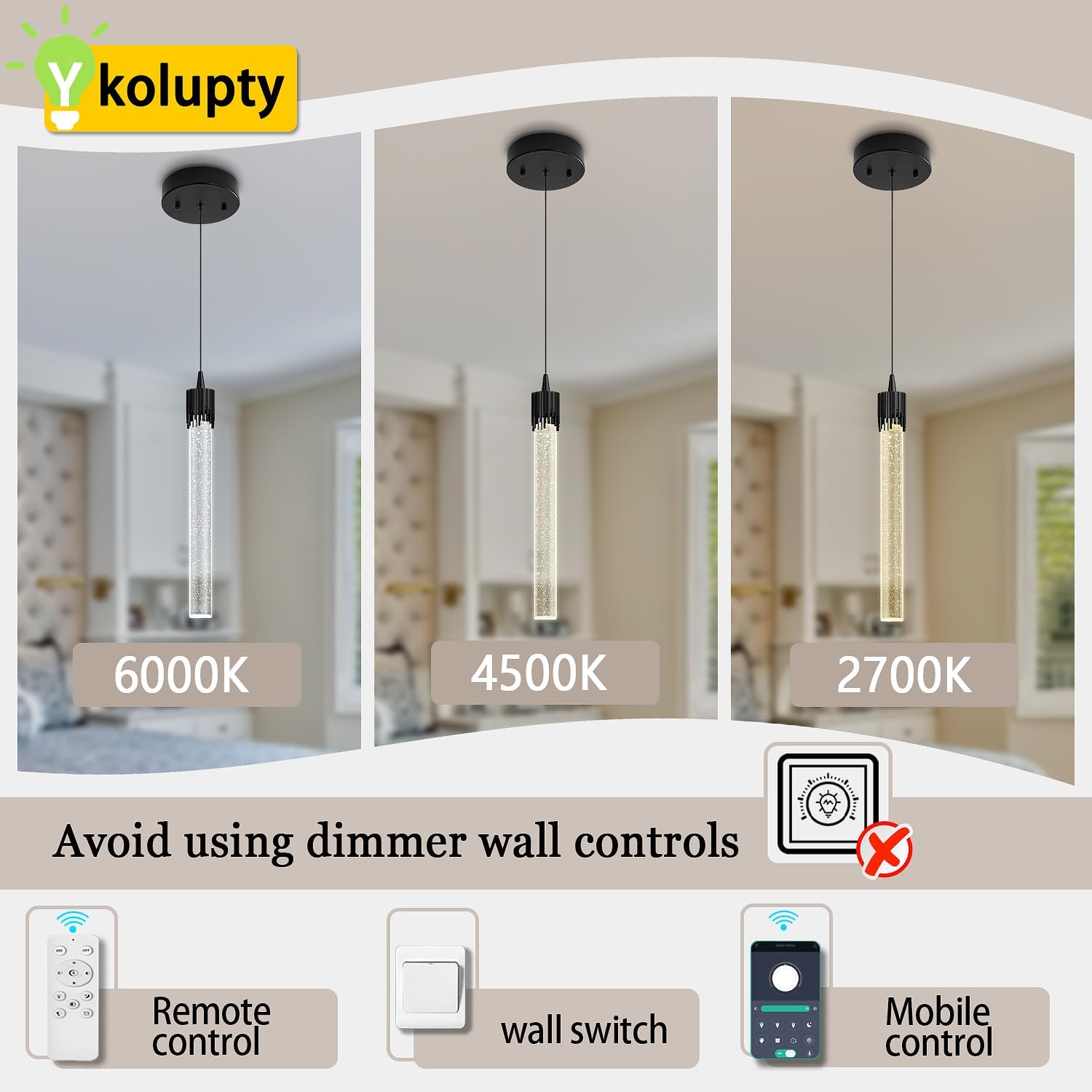 ykolupty Modern Pendant Lights Kitchen Island Black Crystal Mini Pendant Light with Dimmable LED 2700K-6000K,Bubble Crystal Chandelier Dining Room and Bar - 1 Pack