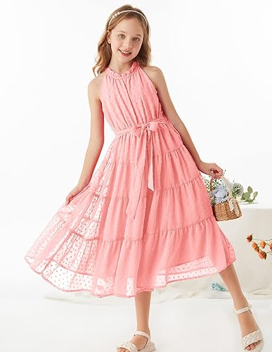 Miniatura 4 de GRACE KARIN Vestido largo de verano para niñas de 5 a 14 años, sin mangas, casual, acampanado, con cuello halter, para niñas de 5 a 14