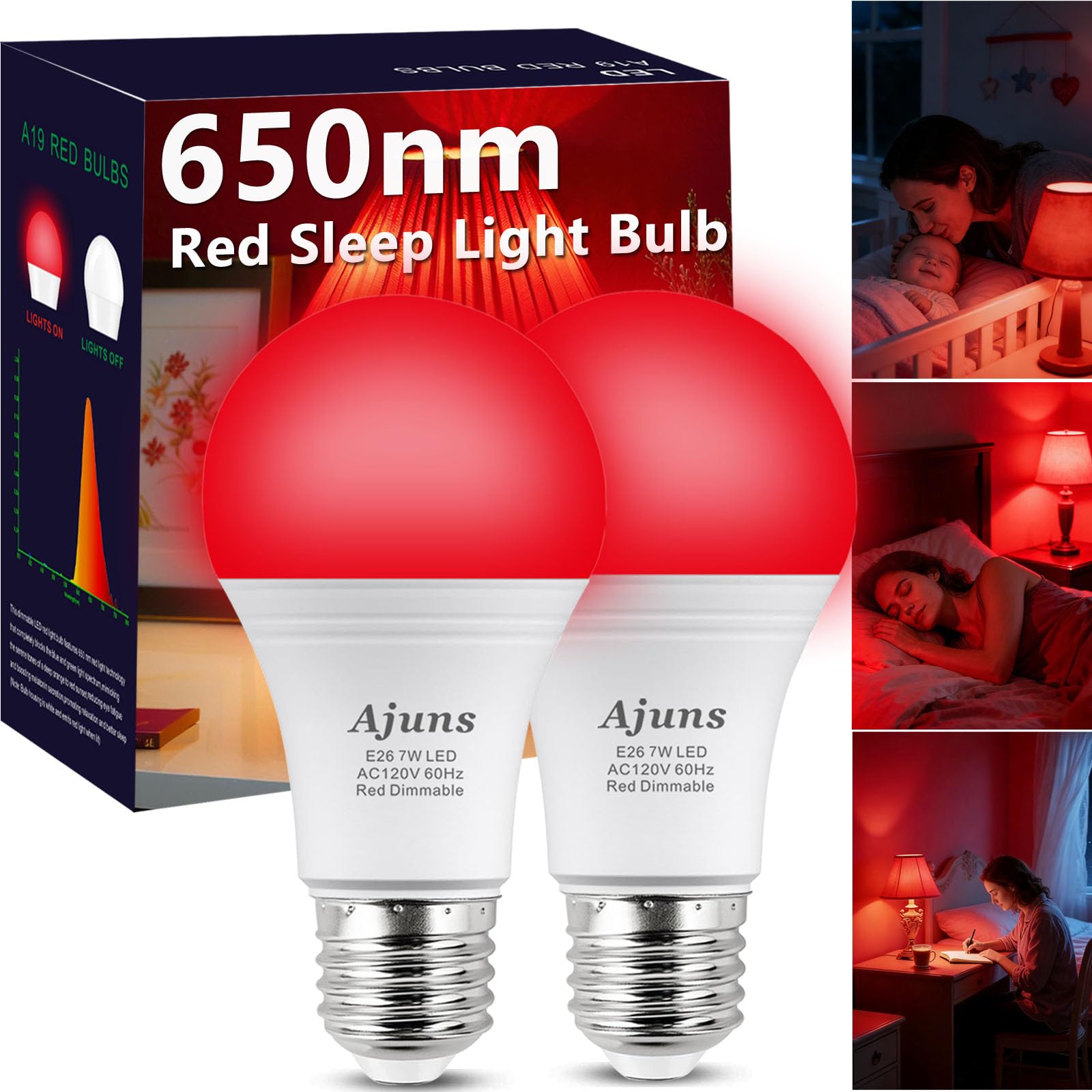 Ajuns LED Red Sleep Light Bulb Dimmable, 100% Blue Light Blocking Bulb 650nm Promoting Melatonin Red Light Bulbs, A19 7W E26 Base Dim Light Bulbs for