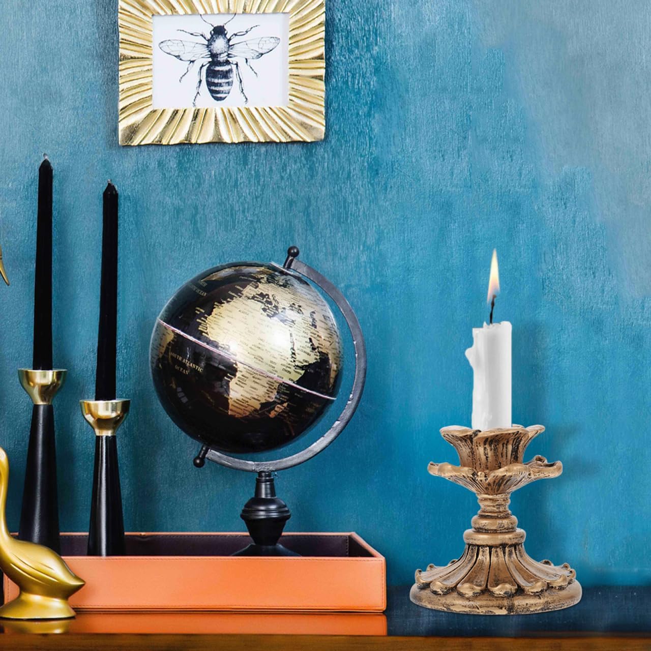 Vintage Candle Holder, 2.99in Resin Gothic Taper Candle Holder, Floral Decorative Brass Candlesticks European Style Home Decoration for Wedding Party Anniversary Table Fireplace - Image 9