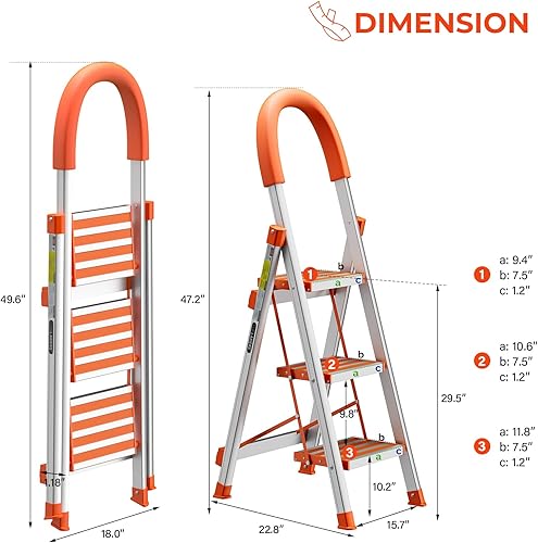 Miniatura 6 de LUISLADDERS Taburete de 3 escalones, escalera plegable y ligera, antideslizante de aluminio con agarre de goma, capacidad de 350 libras, escaleras