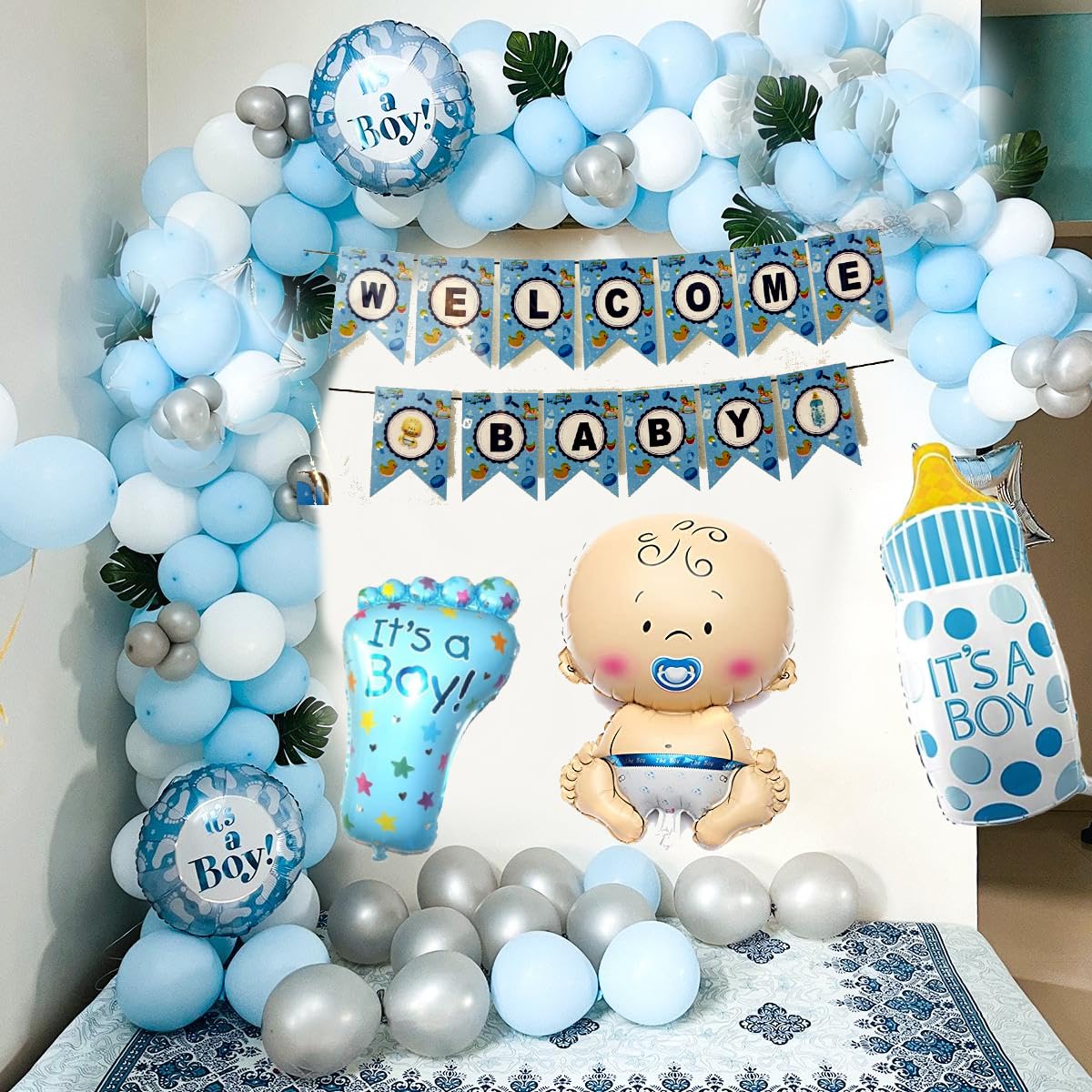 GROOVY DUDZ Welcome Decoration Kit For Home 55Pcs Foil Baloons Foot Bottle Shape Baloons For Kids Birthday Party New Born Theme Decoration Kit, Blue