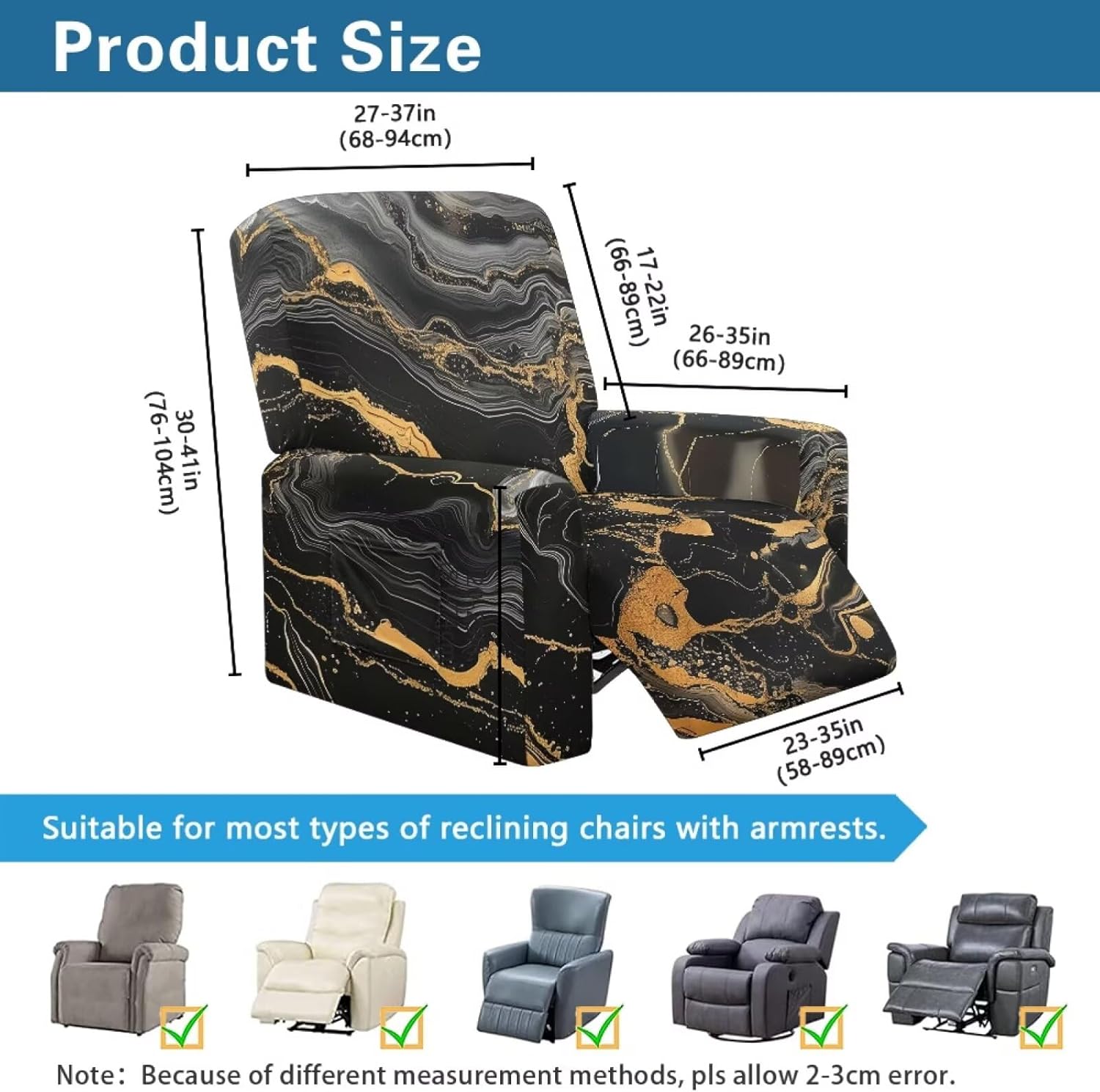 Marble Print Reclining Slipcover for Large Recliner Chair, Anti Slip Single Seat Sofa Protector with Storage Pocket, 4 Piece Set Recliner Chair Covers That Stay in Place