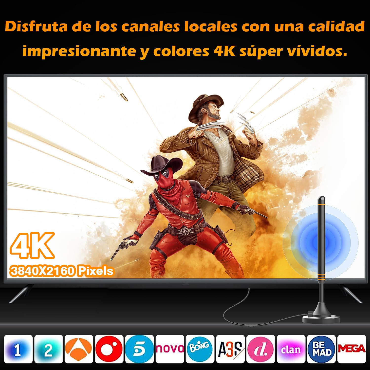 Antena TV Interior HD – Recepción 360°, Antena TDT Potente para Canales 4K/1080p, Base Magnética Estable, Fácil Instalación, Compatible con DVB-T2/DVB-T, Canales Gratis sin Cable