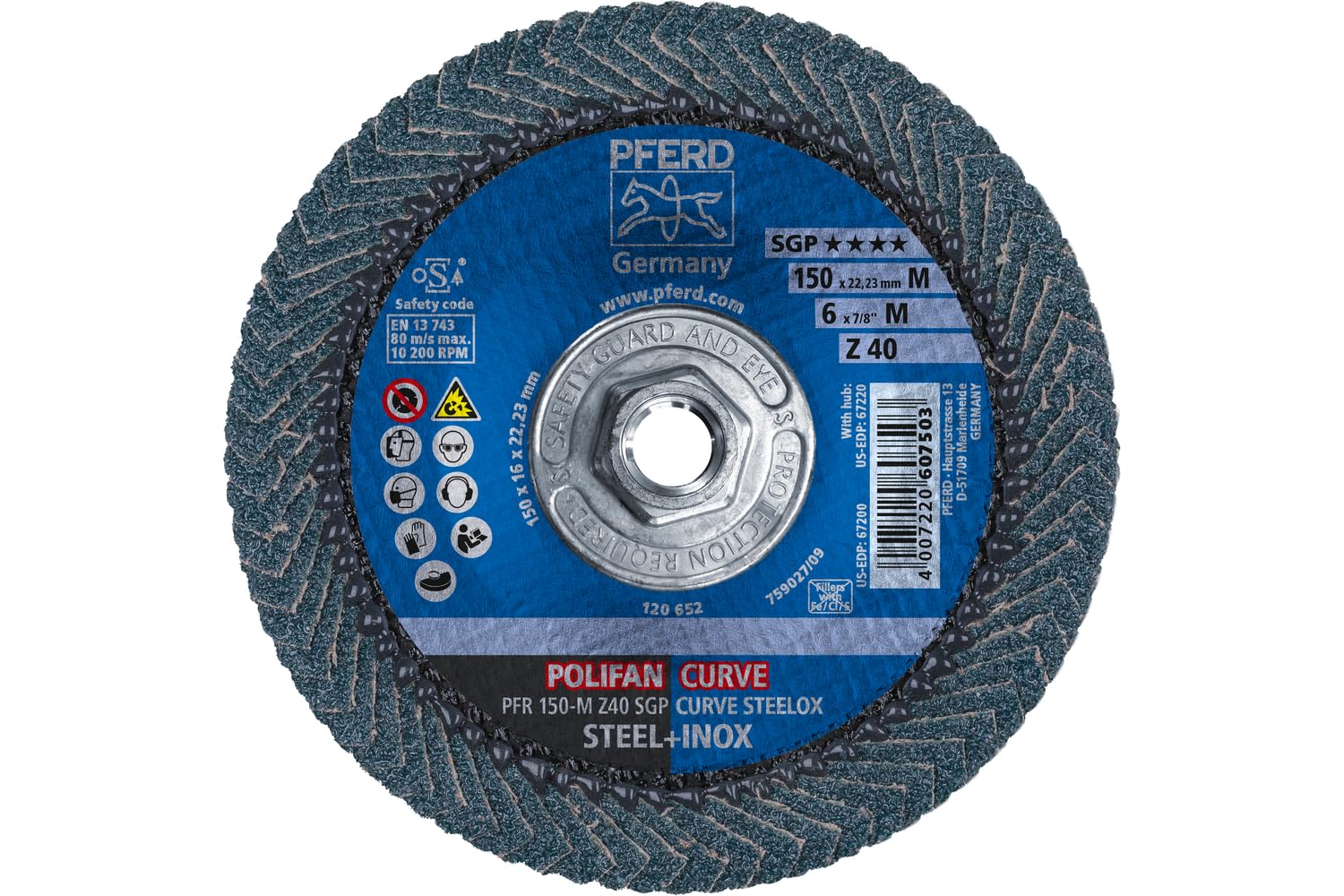 PFERD POLIFAN®-Curve Radial Type Flap Disc - 6" x 7/8" Thread, 40 Grit Zirconia, Welding Accessory and Angle Grinder Attachment - For Steel and Stainless Steel (INOX) Grinding - Pack of 1 - Part 67220