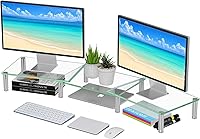 Vista 1 de Simple Trending Dual Monitor Stand Riser, Computer Office Desktop Organizer for 2 Monitors with Tempered Glass, Adjustable Length and Angle Stand