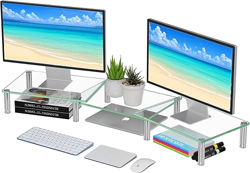 Miniatura 1 de Simple Trending Soporte elevador de monitor doble, organizador de escritorio de oficina para computadora para 2 monitores con vidrio templado,