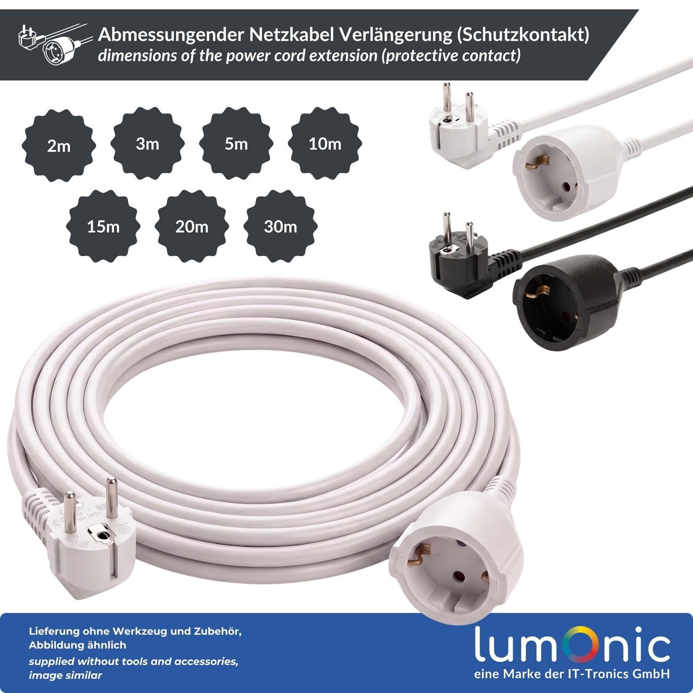 Lumonic Rallonge Schuko blanche, 30 m, 230 V - Sécurité enfants au niveau de la prise, pour lave-linge et lave-vaisselle, protection anti-pliure au niveau de la fiche