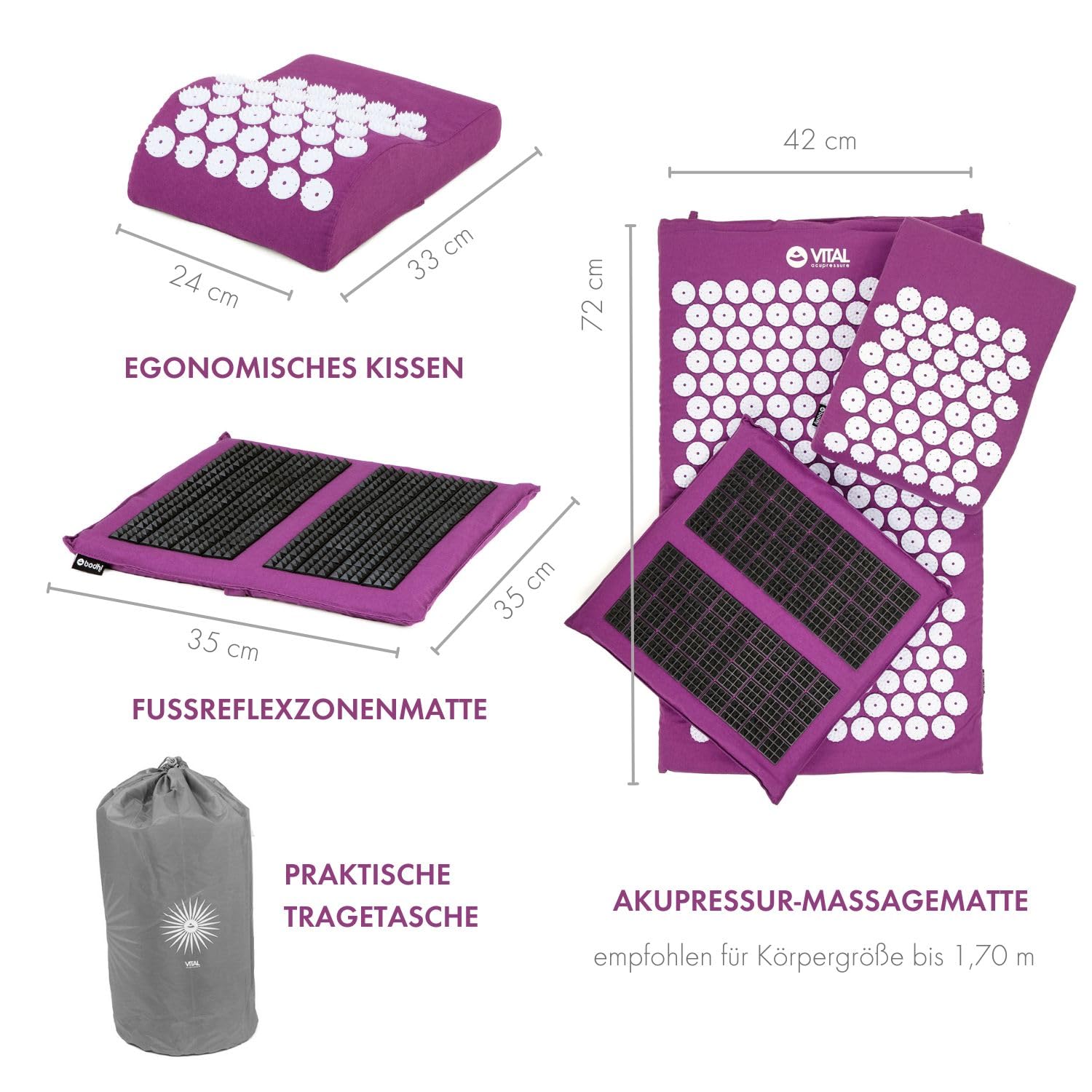 Bodhi VITAL Akupressurmatte Deluxe-Set Spiky | Fakirmatte im Set mit Nadelkissen, Fußmatte & Tasche | Selbstmassage für zu Hause | Massagematte gegen Nacken & Rückenschmerzen | aubergine