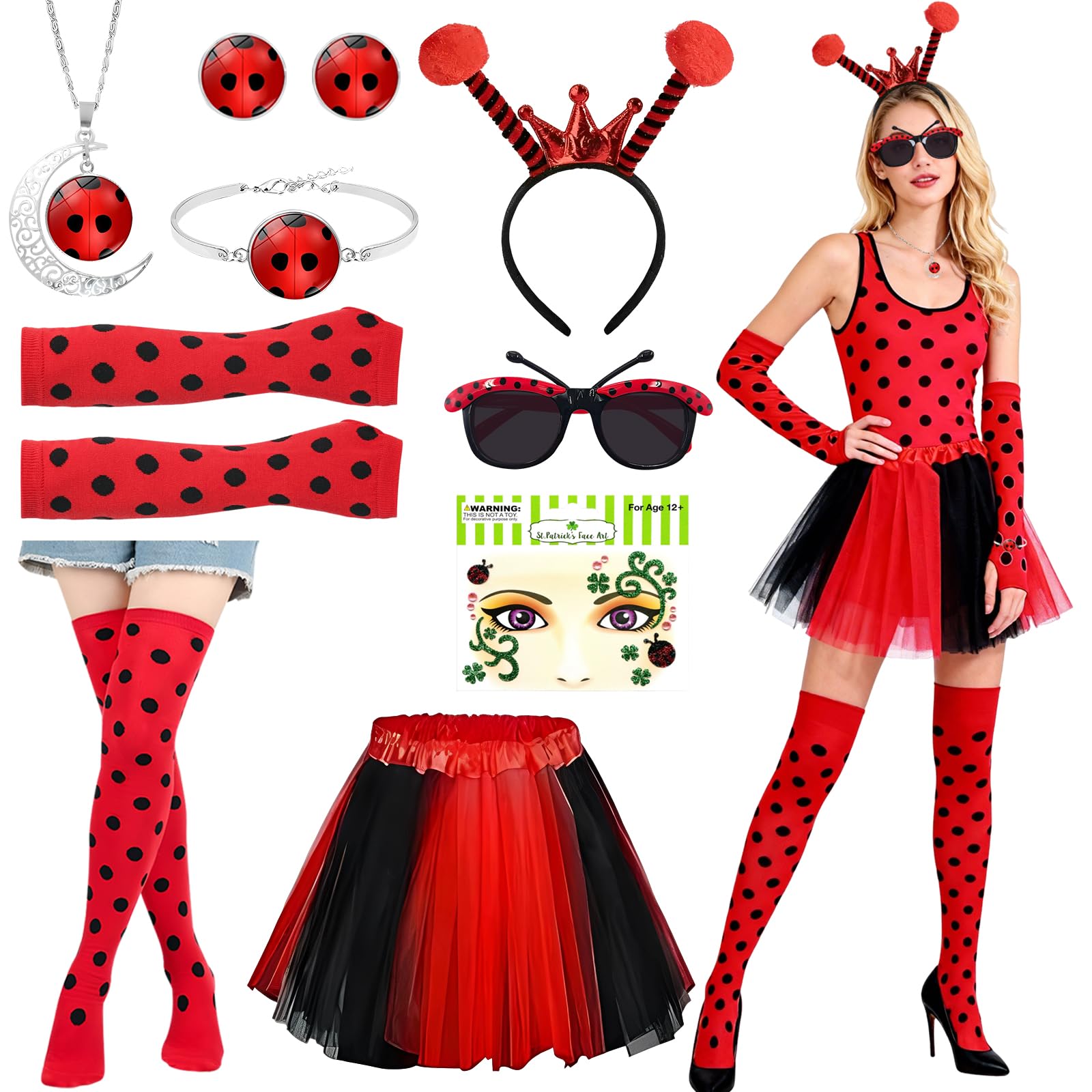 Disfraz de Mariquita para Mujer, 9 piezas Mariquita Disfraz Mujer, Disfraz de Mariquita para Adulta, para Cosplay,Halloween,Carnaval,Fiesta Temática
