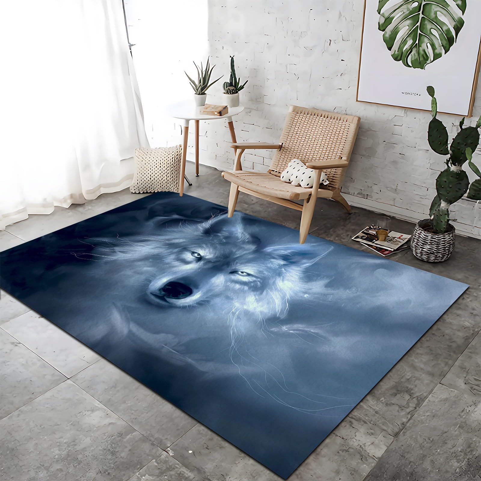 Tapis salon loup bleu antidérapant pour décorer votre terrasse et grand balcon
