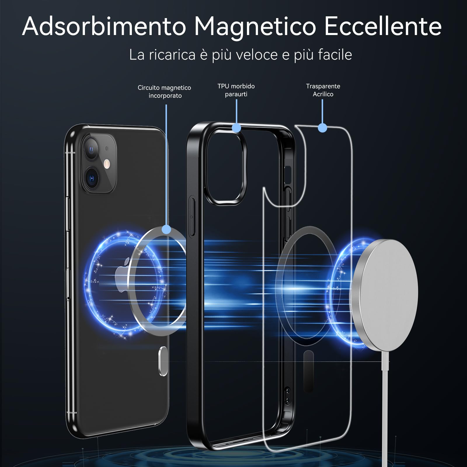 Hensinple Magnetica Cover per iPhone 11 con Vetro Temperato, Compatibile con MagSafe, Custodia Antiurto Posteriore Sottile Graffi Paraurti in TPU Bumper - Nero