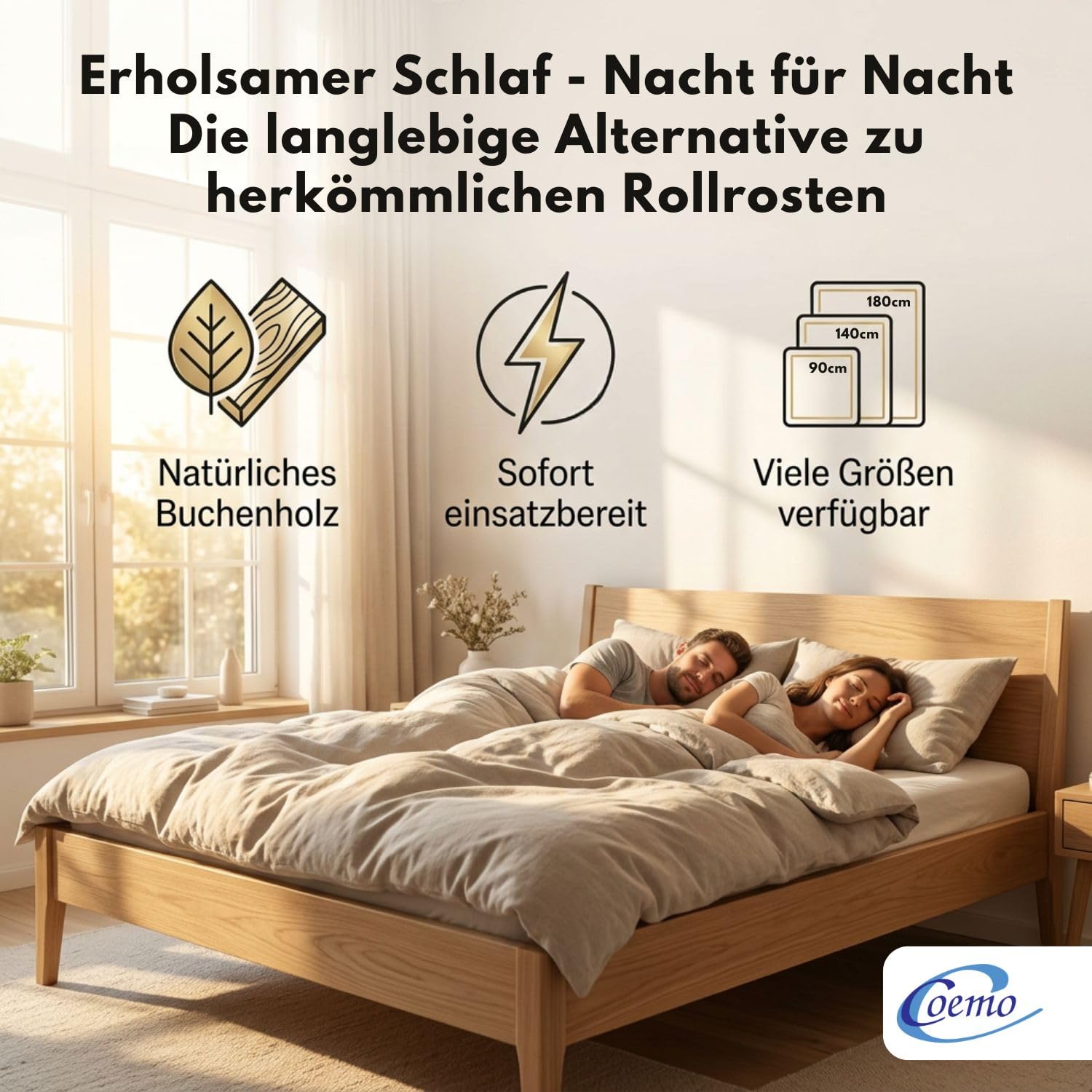 Coemo Rollrost Rolllattenrost 21 Leisten 6 Befestigungspunkte 140 x 200 cm Lattenrost aus Buche Holz - Belastbar bis 350 kg - Ohne Montage