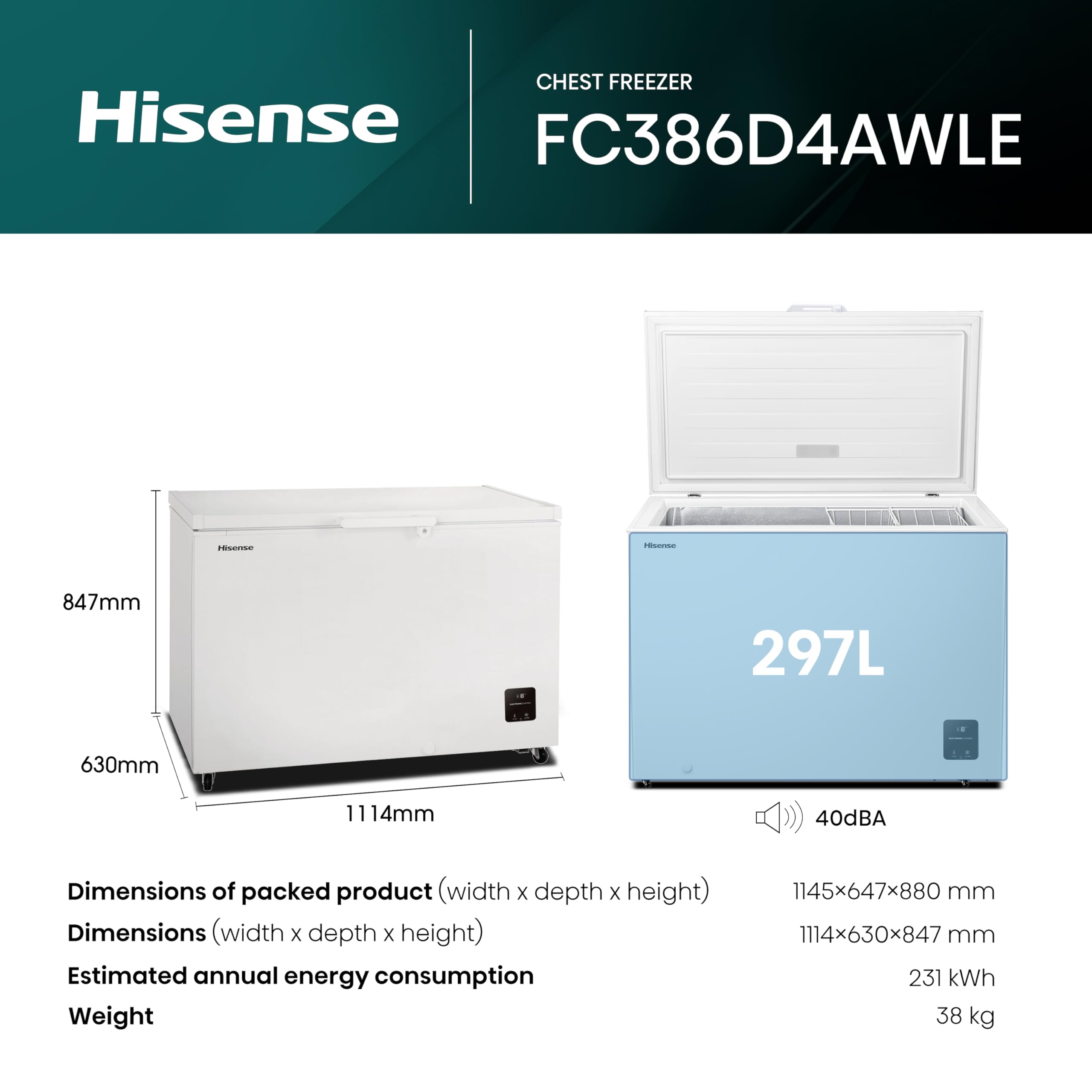Hisense FC386D4AWLE 297Litres Freestanding Chest Freezer, 4 Star Freezer Rating, E Rated in White — view 3