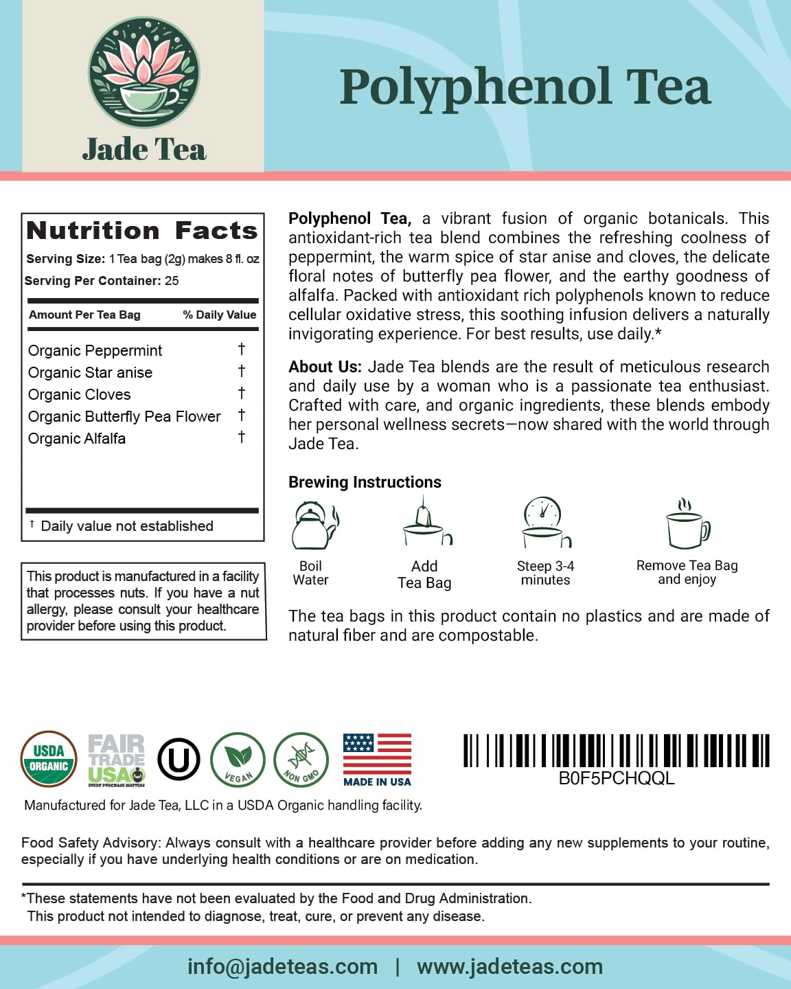 Jade Tea - Organic Polyphenol Tea - Peppermint Leaf, Star Anise, Clove, & Butterfly Pea Flower - Antioxidant Rich - 25 Count (Pack of 1) - Made In USA