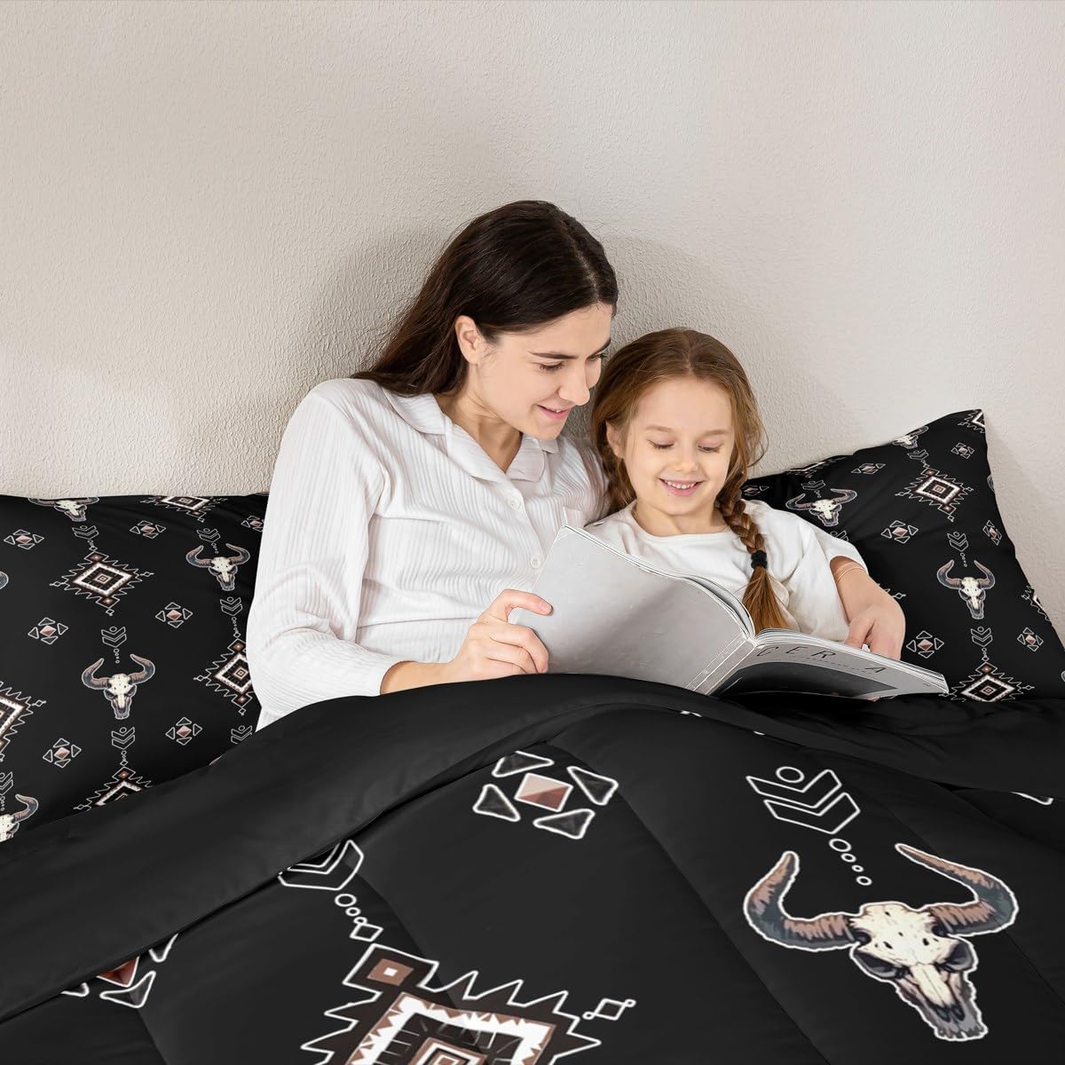 Feelyou Kids Western Bull Skull Bedding Set Queen Size, Southwestern Aztec Comforter Set Boys Girls Boho Tribal Comforter Ethnic Bohemian Rustic Country Teens Duvet Set with 2 Pillow Case
