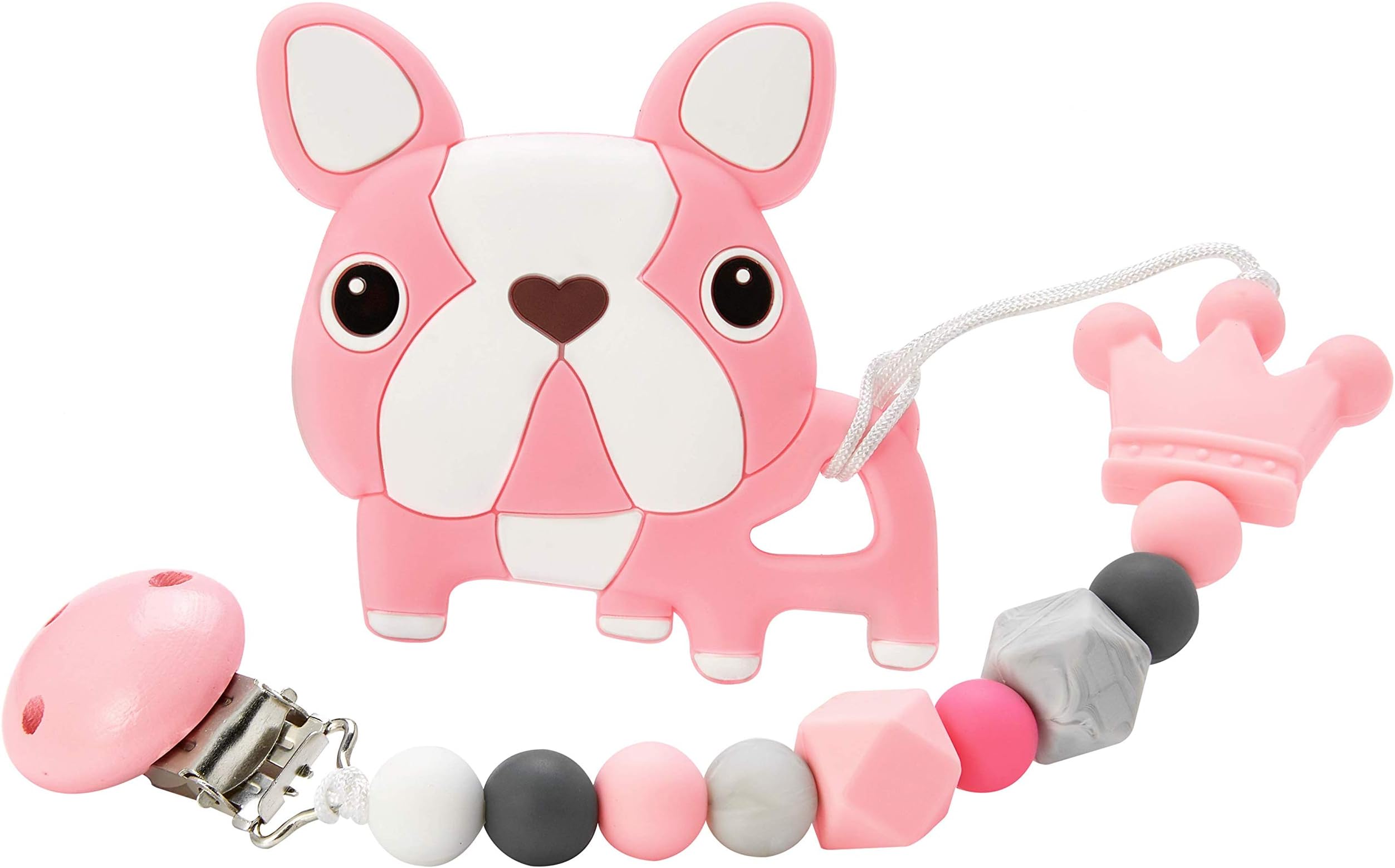 Nearbyme Baby Teething Toys, BPA Free Silicone Dog Shape Teether with Relief Beads Binky Holder and Pacifier Clips for Toddlers & Infant