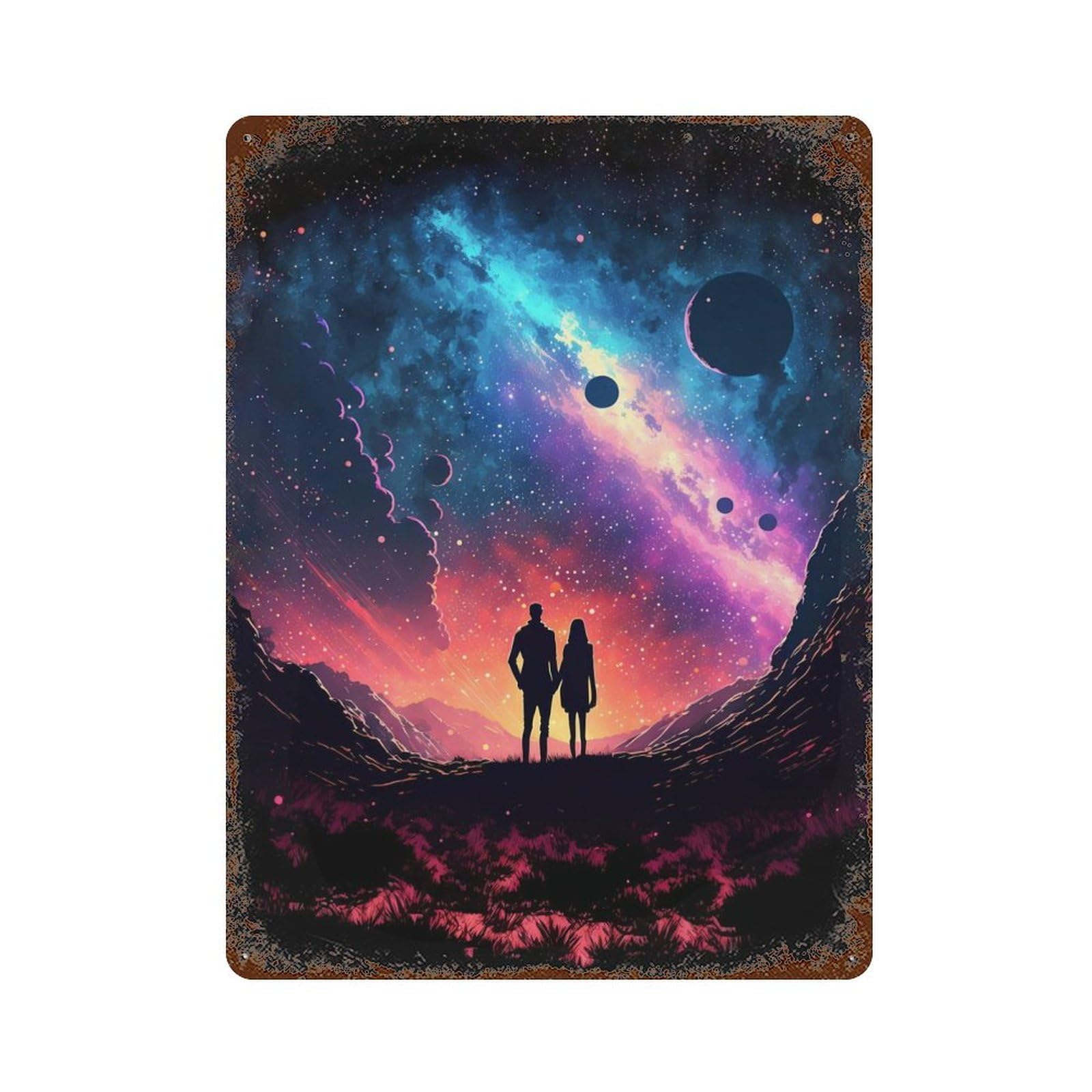 Fantasy Universe Landscape Vintage Wall Sign 15.7"x11.8", Rust Effect Metal Decor for Cafe, Home Bar And Lounge Decor