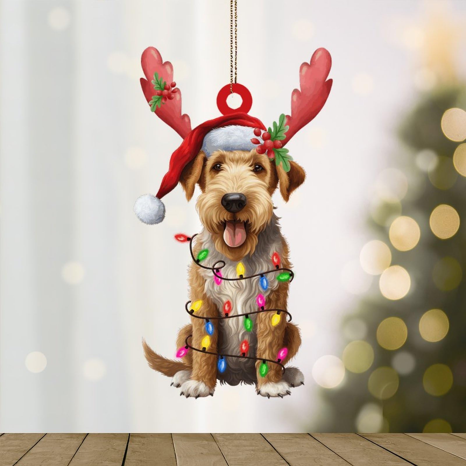 WoGuangis Christmas Ornament Airedale Terrier Acrylic Ornament Xmas Keepsake Airedale Terrier Dog Lanterns Christmas Antlers Christmas Ornaments for Tree Pet Owner Gift Ornaments
