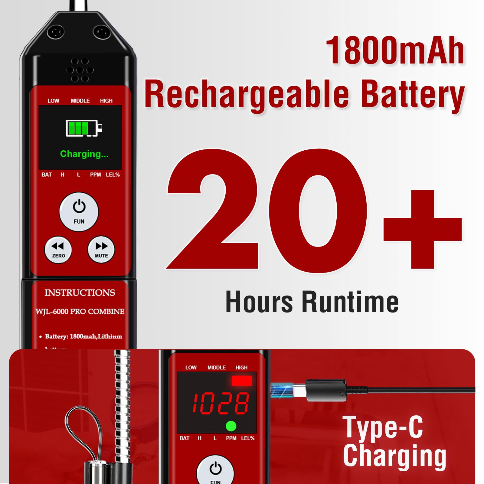 WJL-6000PRO COMBINE Rilevatore di perdite di refrigerante, combina rilevatore di perdite di gas freon e combustibile con allarme forte, batteria ricaricabile da 1800 mAh, PPM LEL% Diaplay per propano