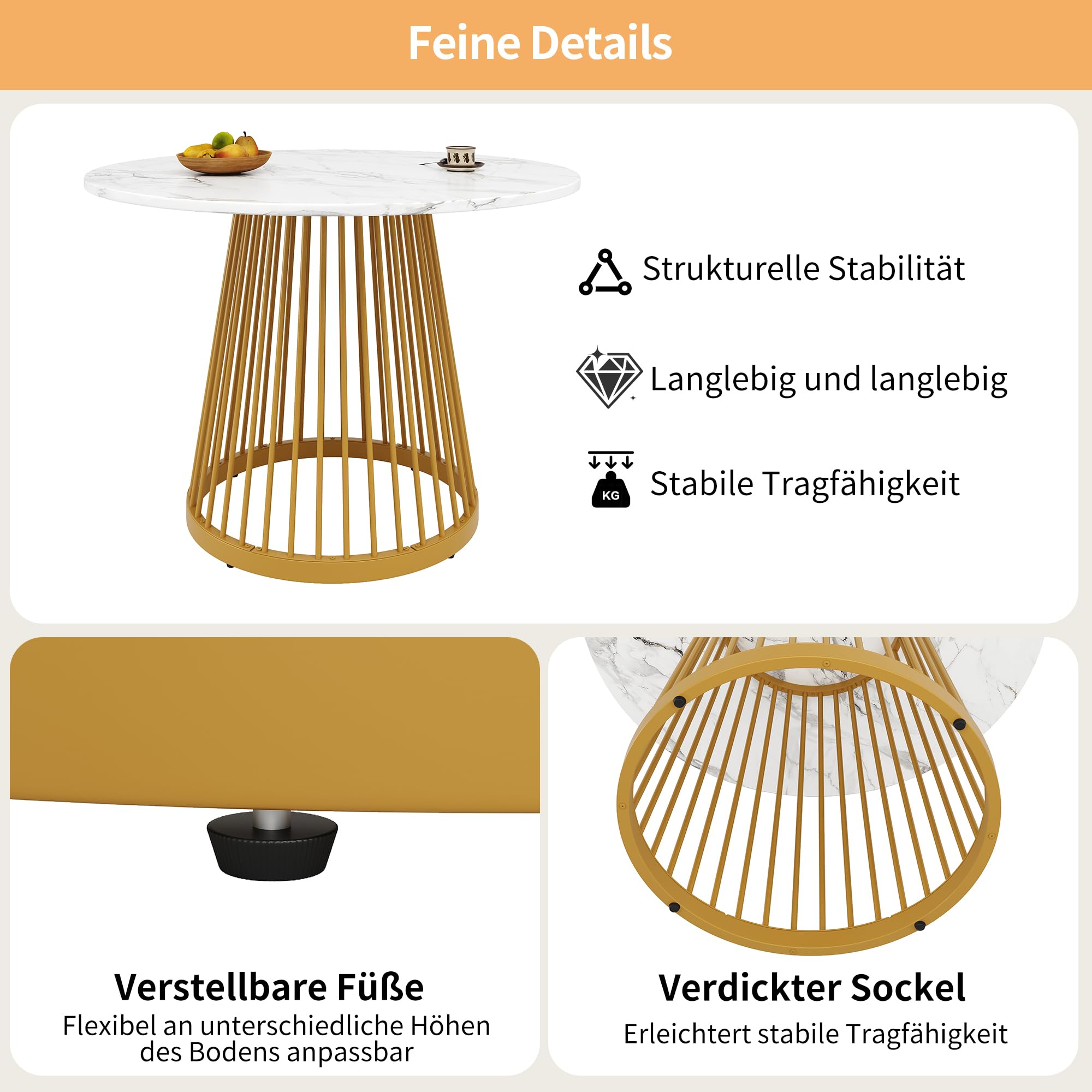 Merax Runder Esstisch Klein Tisch 80cm, Moderner Küchentisch Esszimmertisch für 4 Personen, MDF-Tischplatte mit Marmormuster, Stabiles Zylindrischer Sockel, für Küche, Wohnzimmer, Esszimmer, Gold